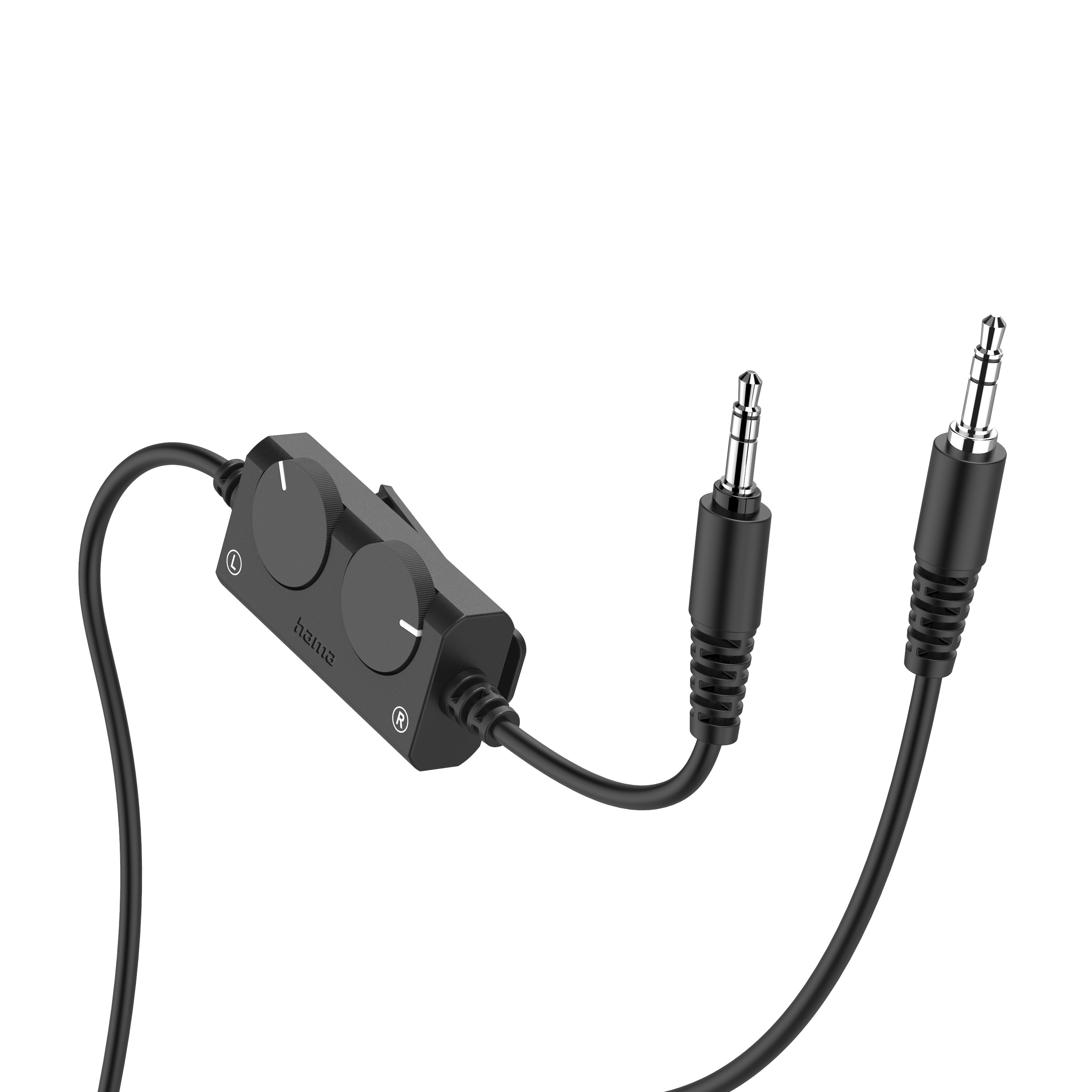 Ein schwarzer Audio-Splitter mit zwei Lautstärkereglern und zwei 3,5-mm-Klinkenanschlüssen auf weißem Hintergrund.