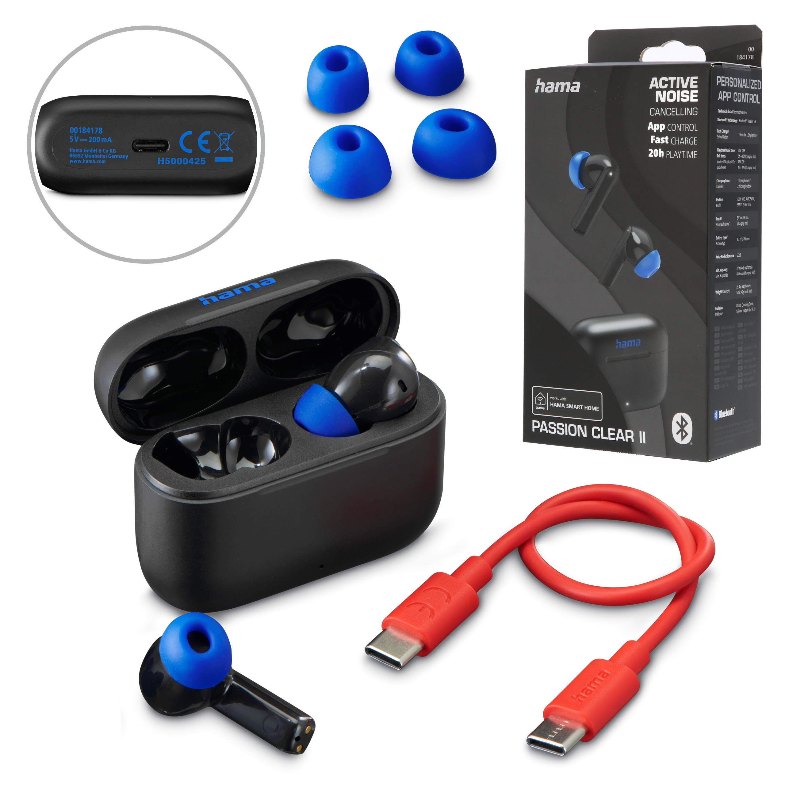 Hama Kopfhörer: Ladecase, Ohrstöpsel, Kopfhörer und USB-C Kabel.