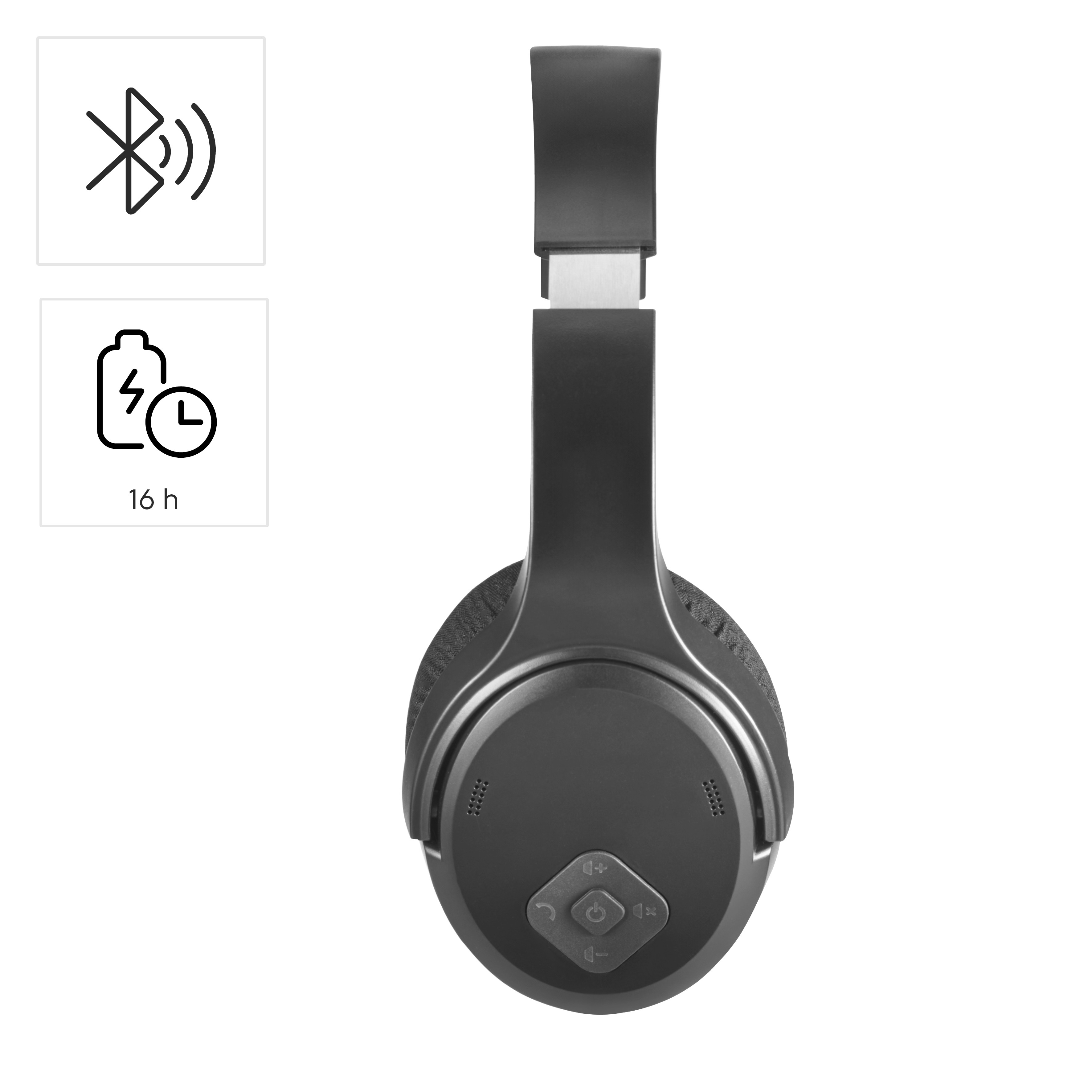 Czarne słuchawki z Bluetooth i wskaźnikiem baterii 16h.