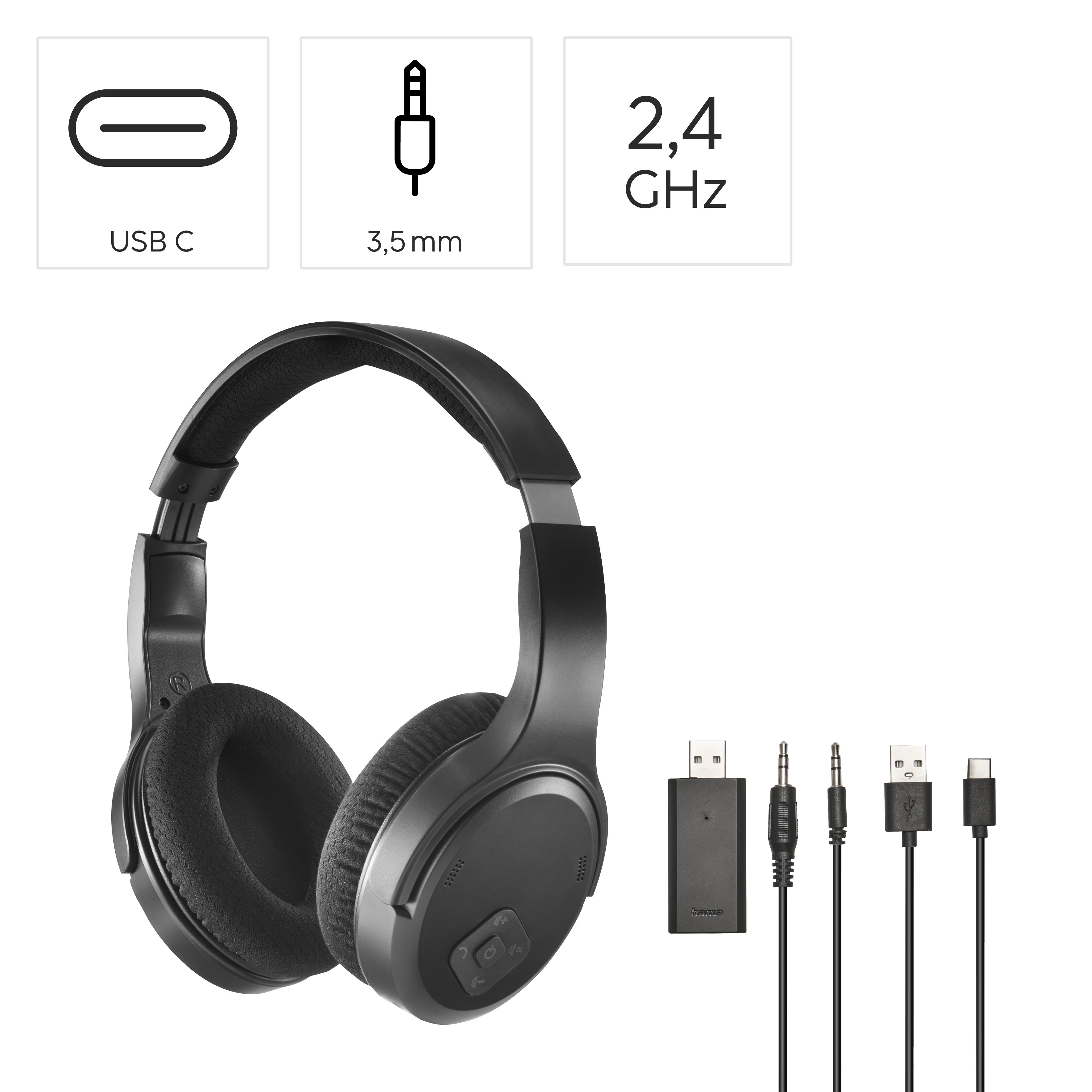 Czarne słuchawki z ikonami USB-C, jack 3,5 mm i 2,4 GHz. Akcesoria poniżej.