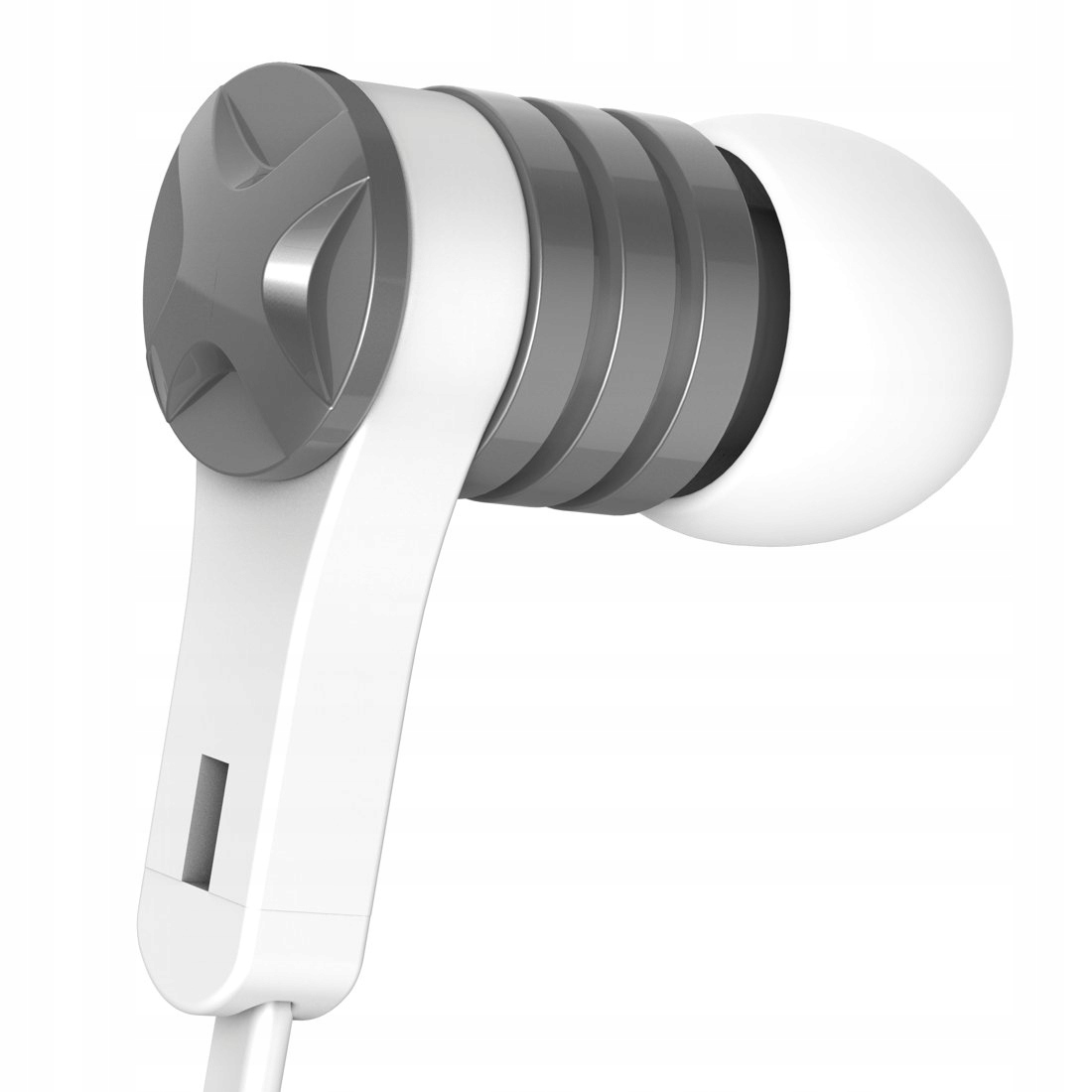 Ein weißer In-Ear-Kopfhörer mit grauem Akzent und Rillen.