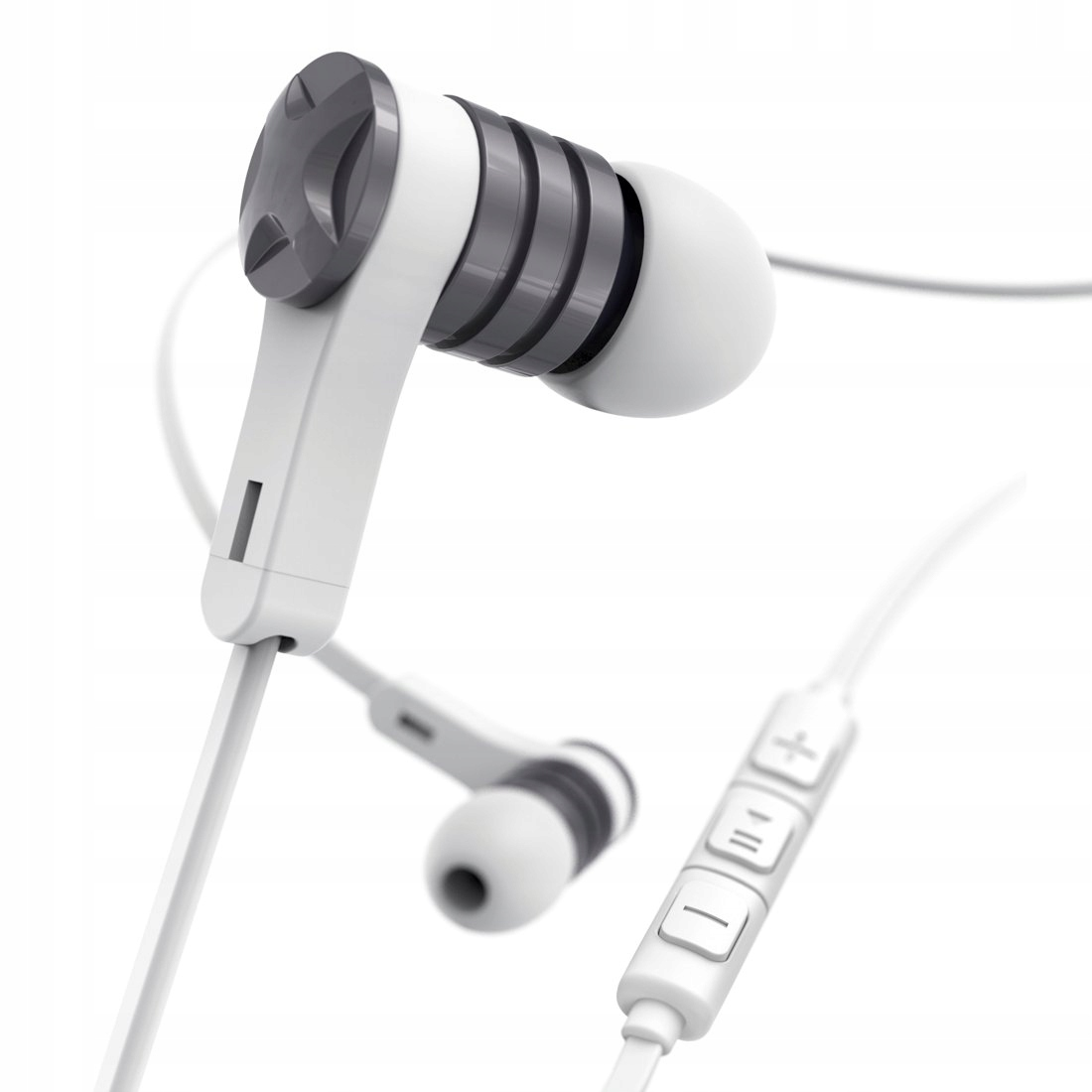 Weiße In-Ear-Kopfhörer mit grauen Akzenten und Inline-Fernbedienung.