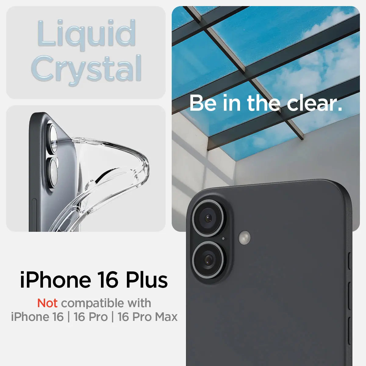 Immagine che mostra una custodia trasparente su un telefono grigio, con testo su "Liquid Crystal" e "iPhone 16 Plus".