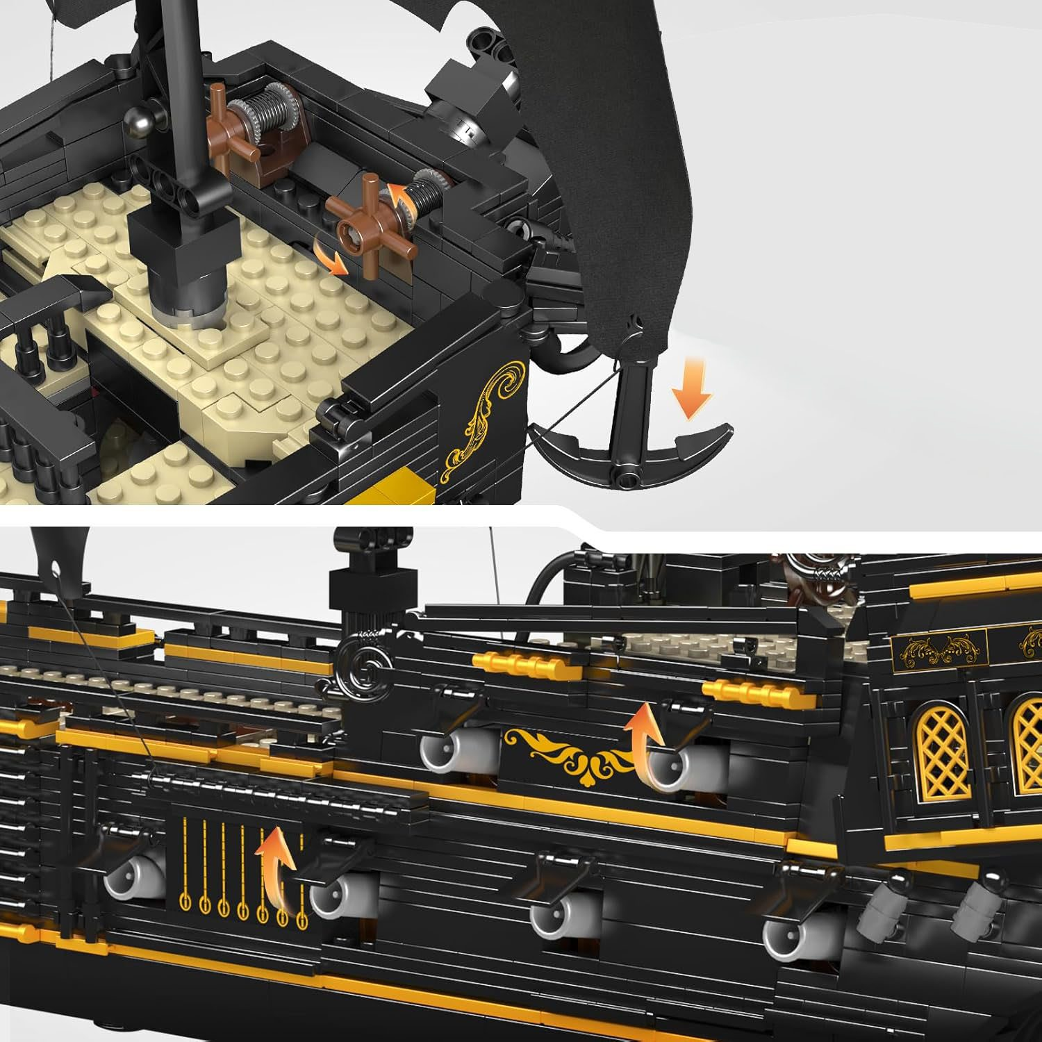 Czarny statek Lego ze złotymi akcentami i kotwicą.