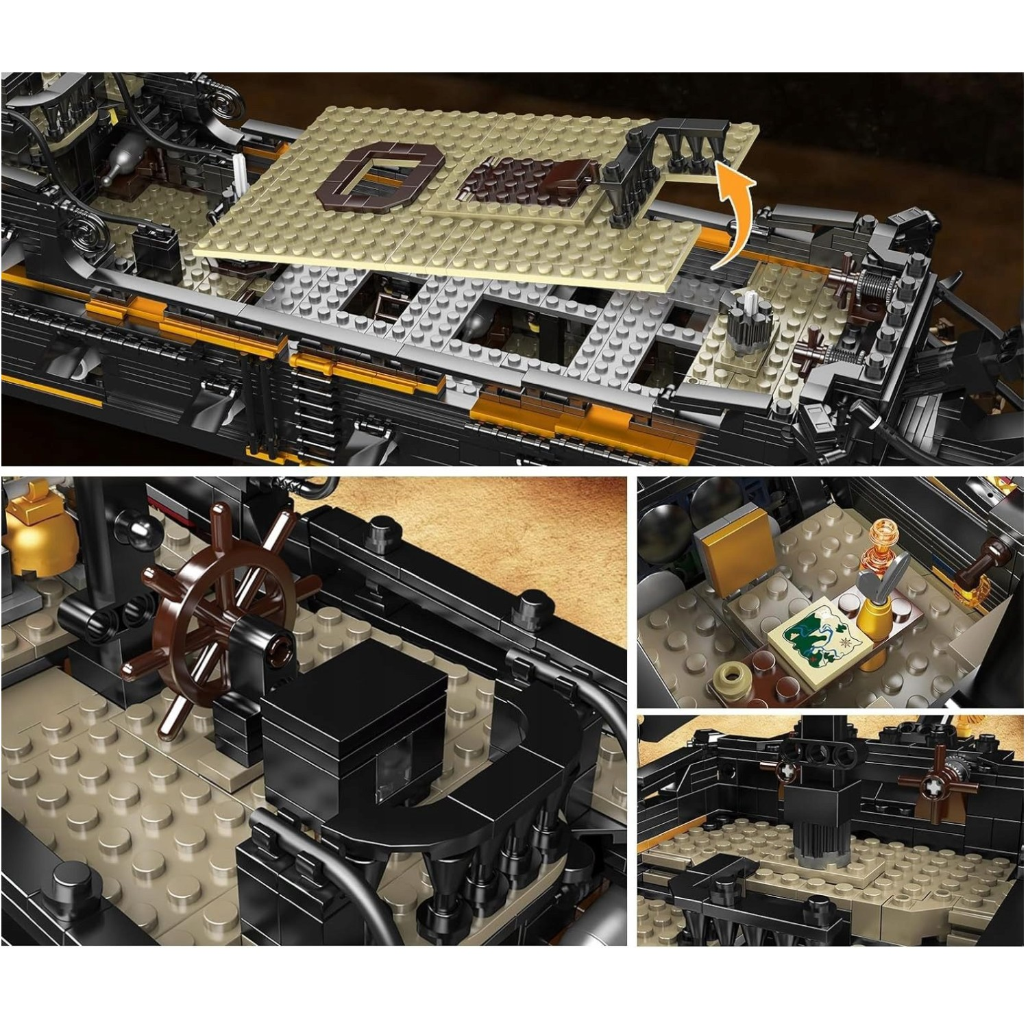 Szczegółowe widoki modelu statku Lego, pokazujące ster i wnętrze.
