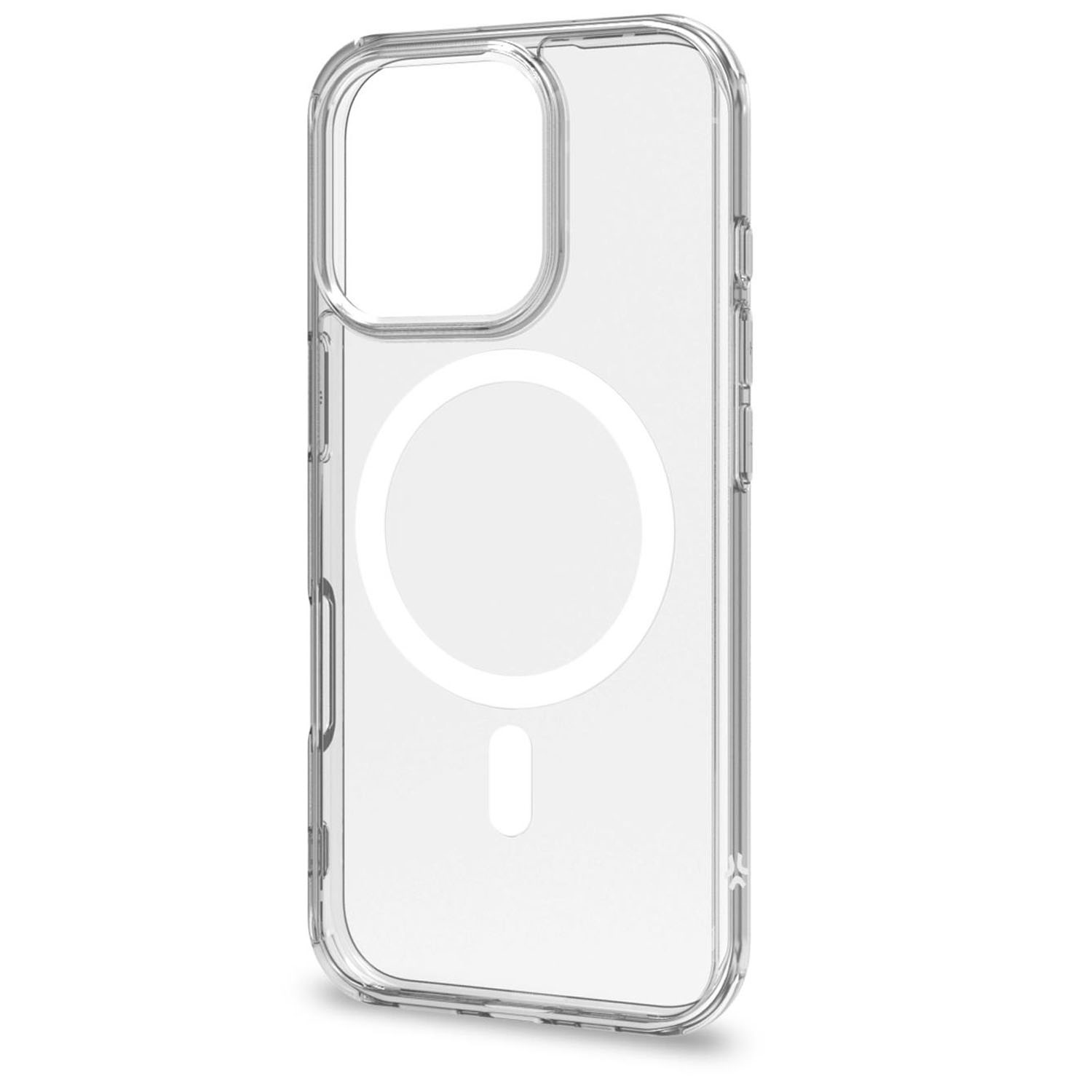 Una custodia trasparente per telefono con anello magnetico circolare e ritaglio.