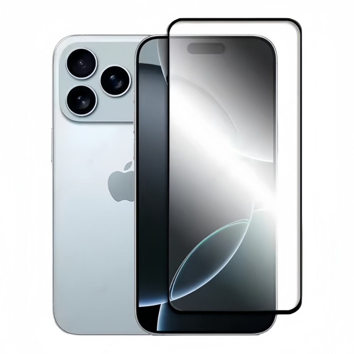 iPhone azzurro con tre fotocamere e protezione schermo su sfondo bianco.