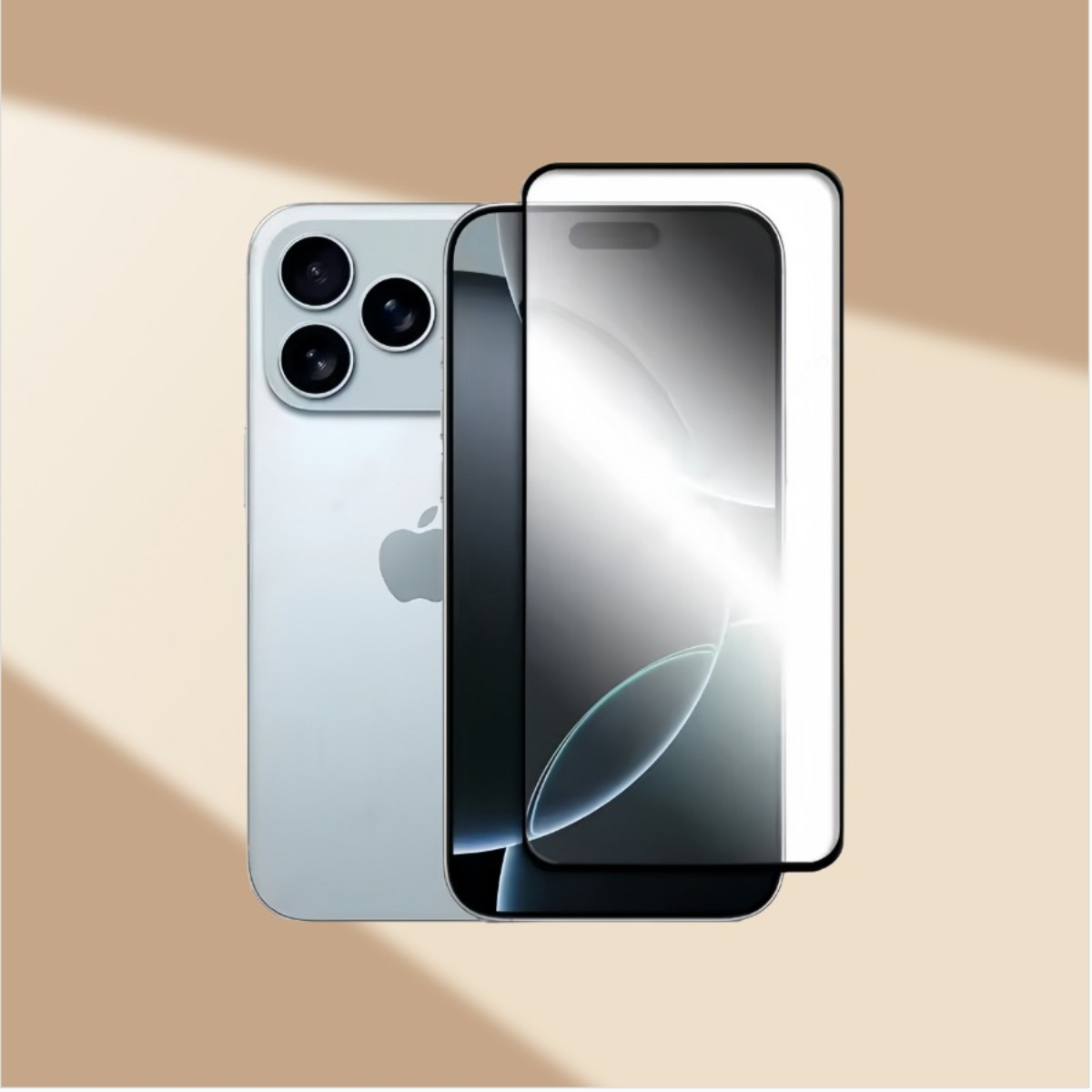 Un iPhone azzurro con tre fotocamere e proteggi schermo.