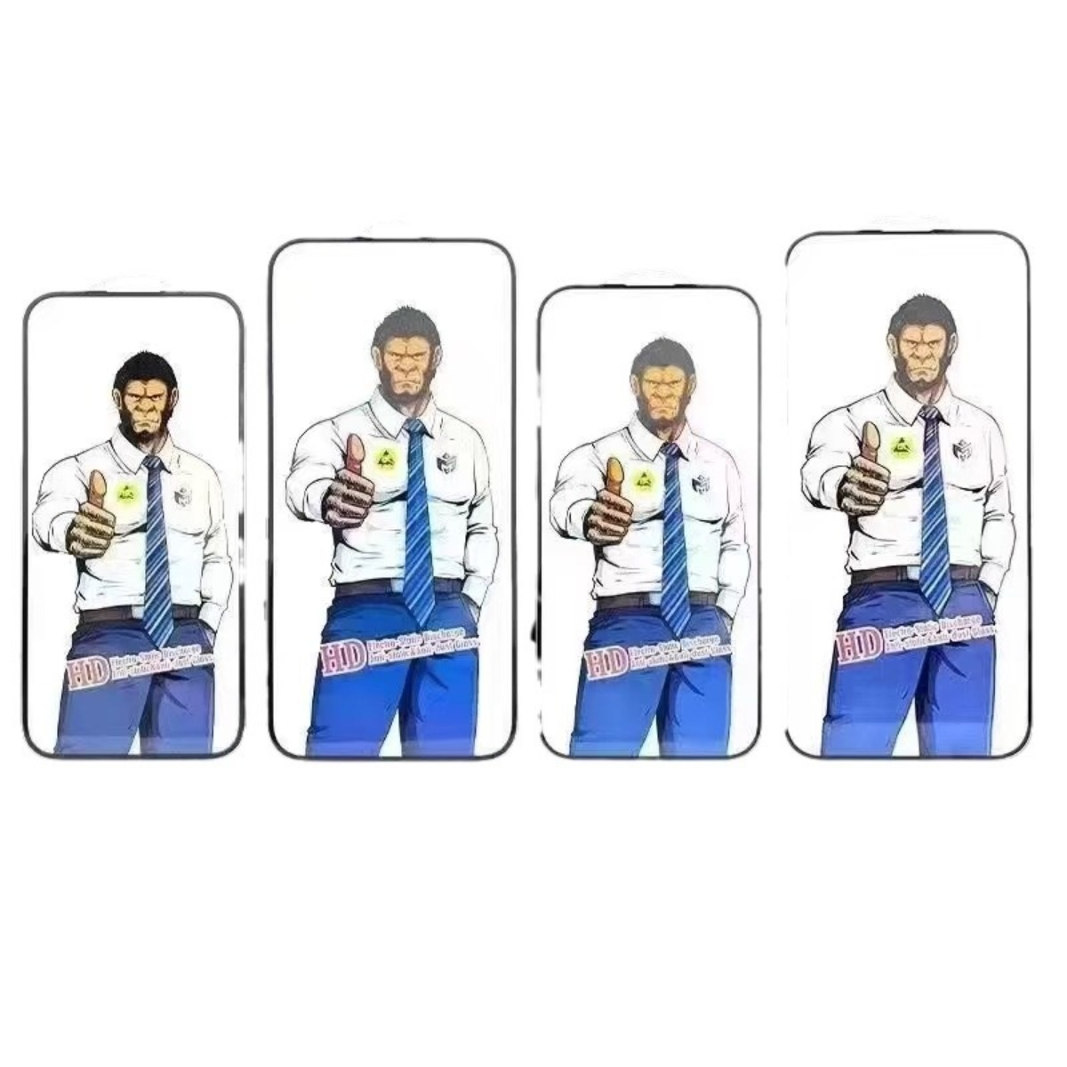 Quattro illustrazioni di scimmie in camicia, cravatta e pantaloni blu che fanno il pollice in su.