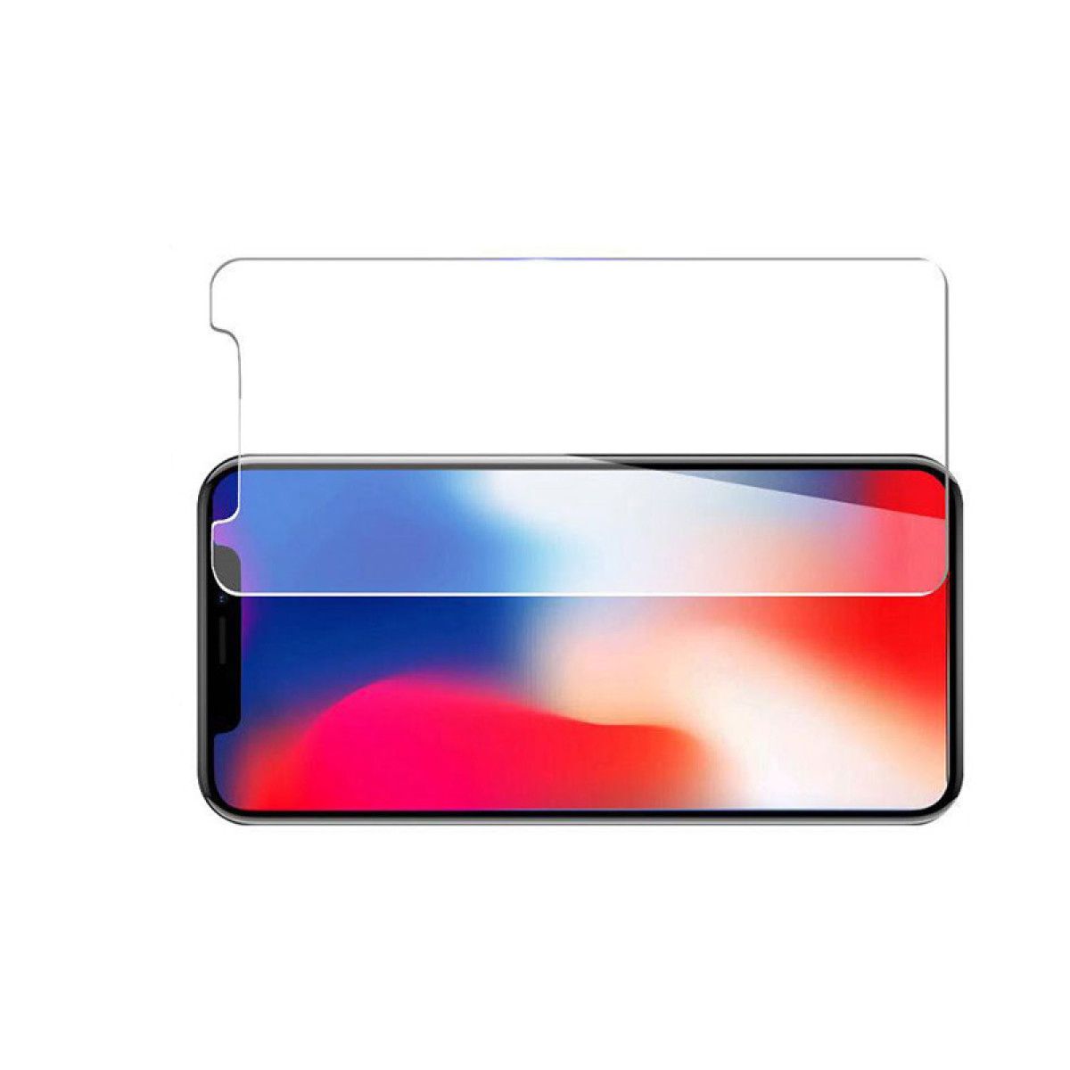 Una protezione schermo trasparente giace su uno smartphone con sfondo colorato.