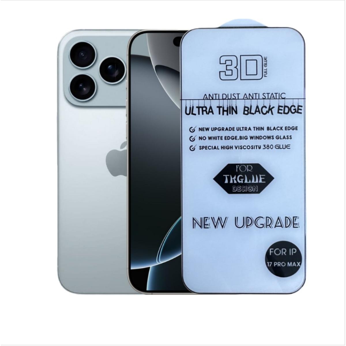 iPhone argento con confezione di protezione schermo. Presenta 3D, anti-polvere, sottile, bordo nero.