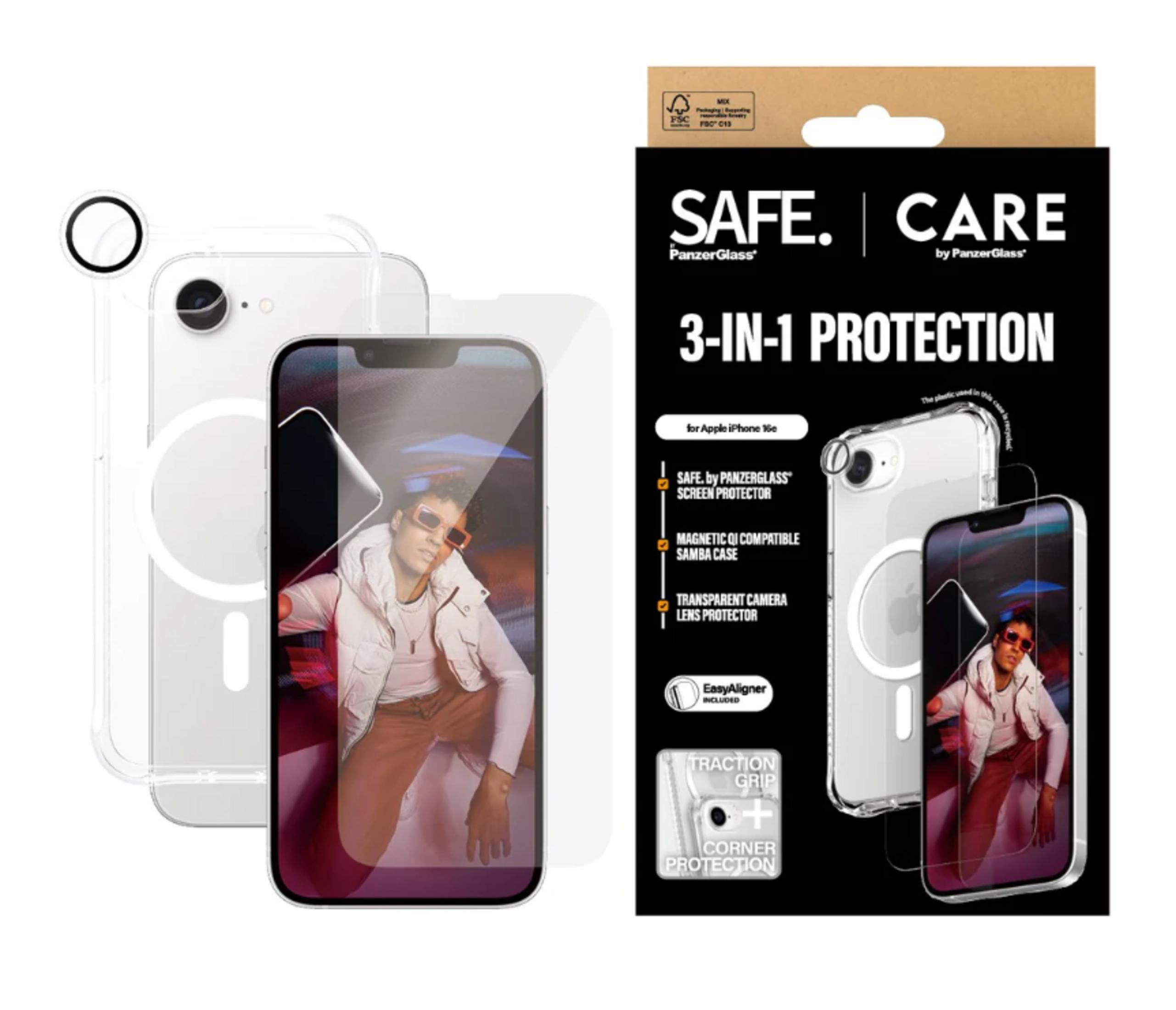 Protezione 3 in 1 per iPhone 16e: pellicola protettiva, custodia magnetica, protezione lente.
