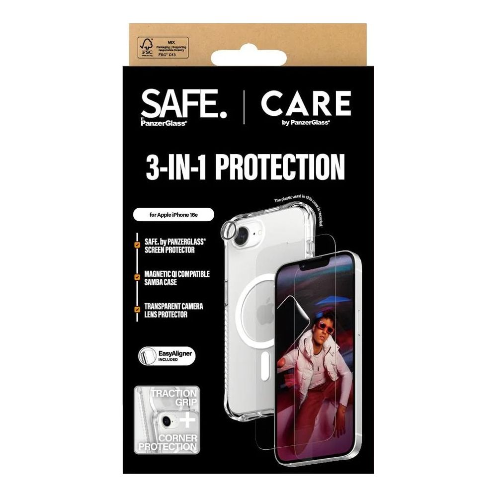 SAFE. CARE Protezione 3-in-1 per iPhone 16e: protezione schermo, cover, protezione lente.