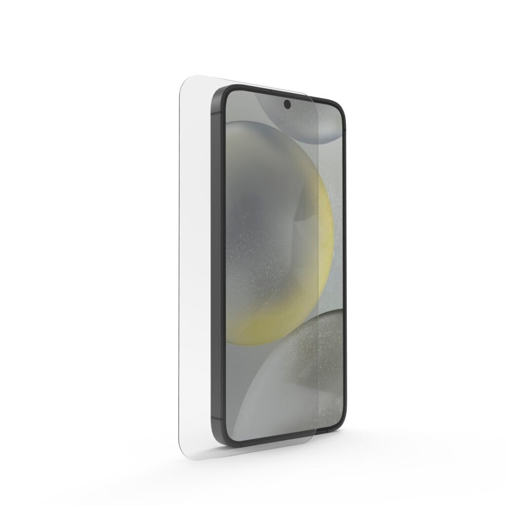Una protezione per lo schermo in vetro su uno smartphone con cornice scura e sfondo astratto.