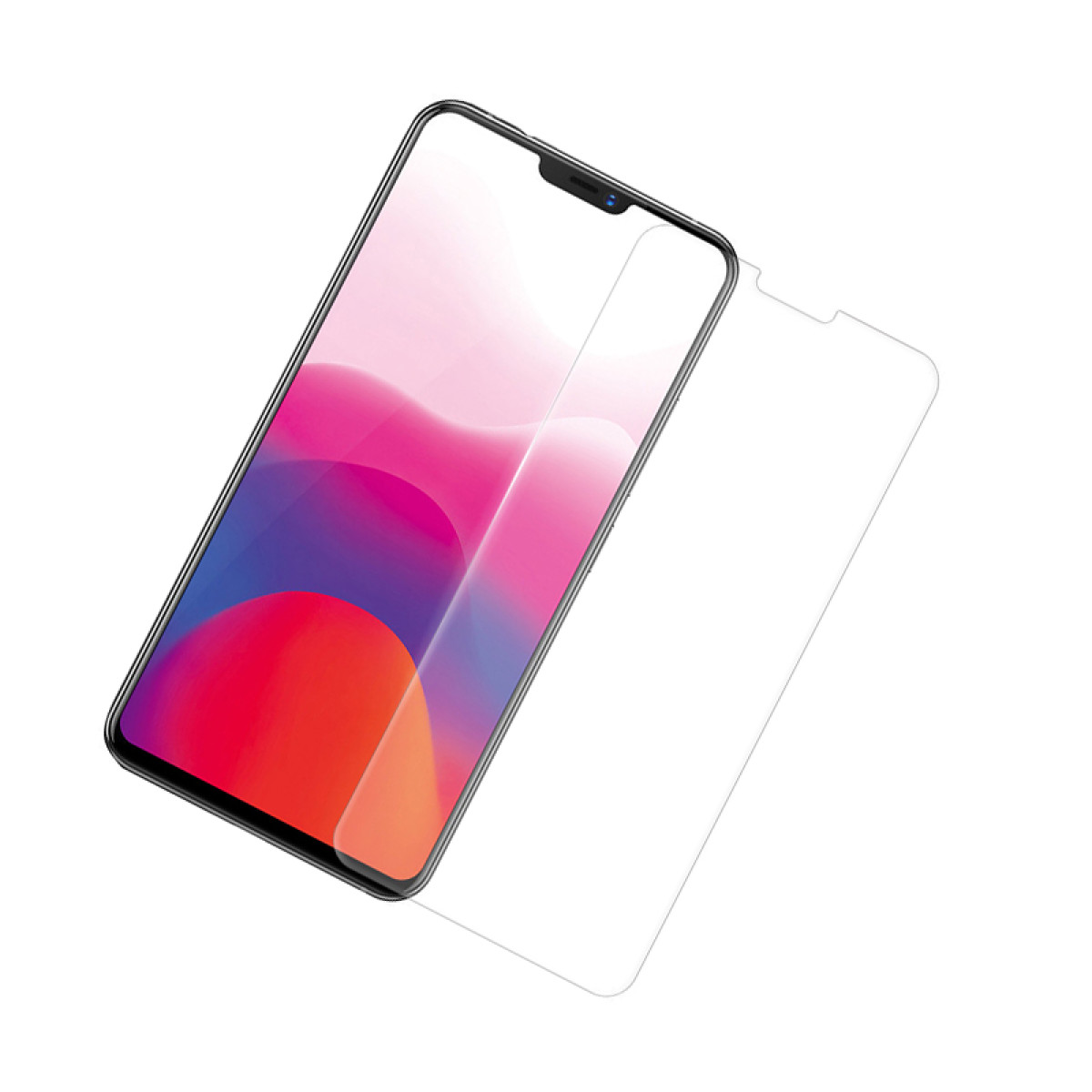 Uno smartphone con sfondo colorato, accanto a una protezione per lo schermo.