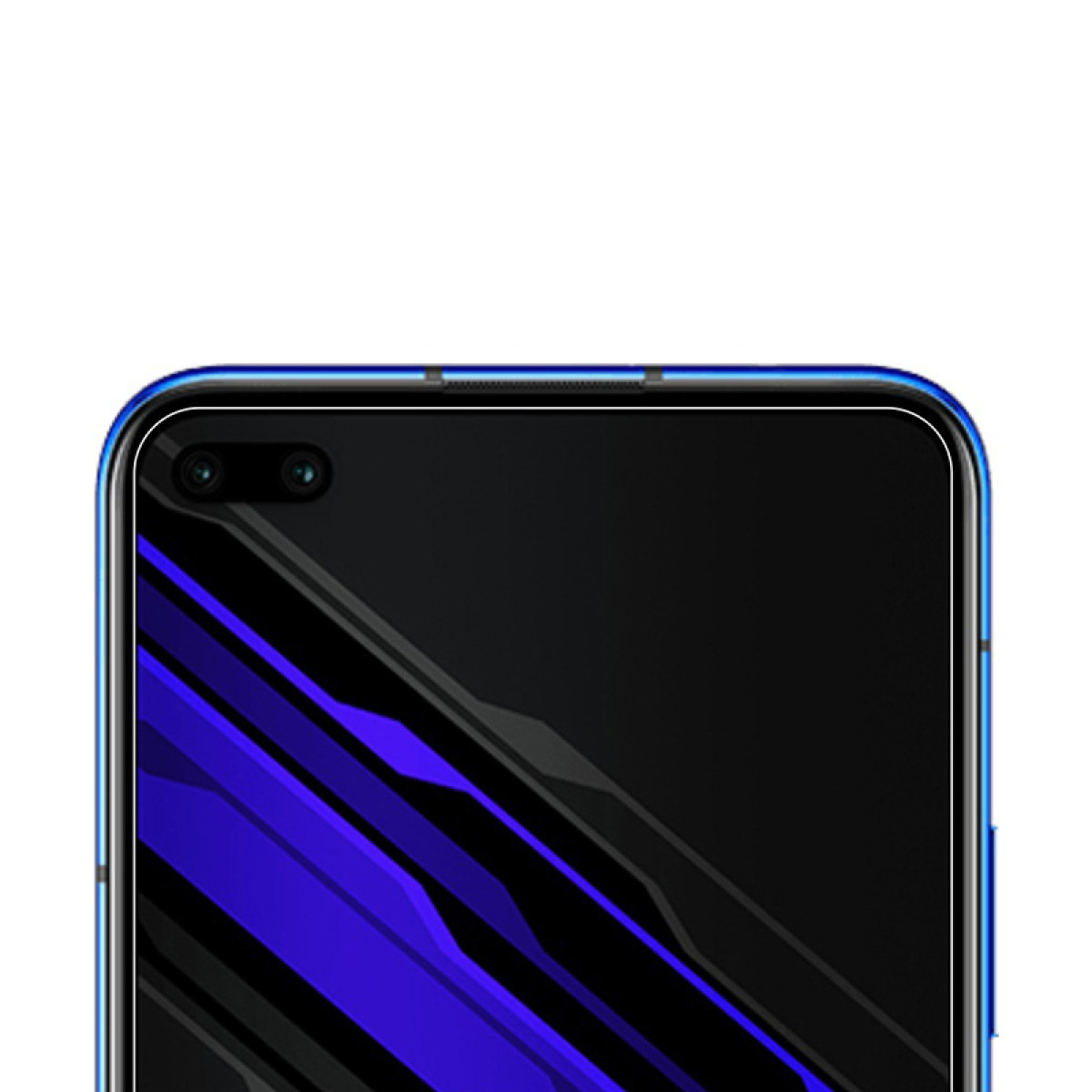 Primo piano di uno smartphone blu con doppia fotocamera e motivo astratto.