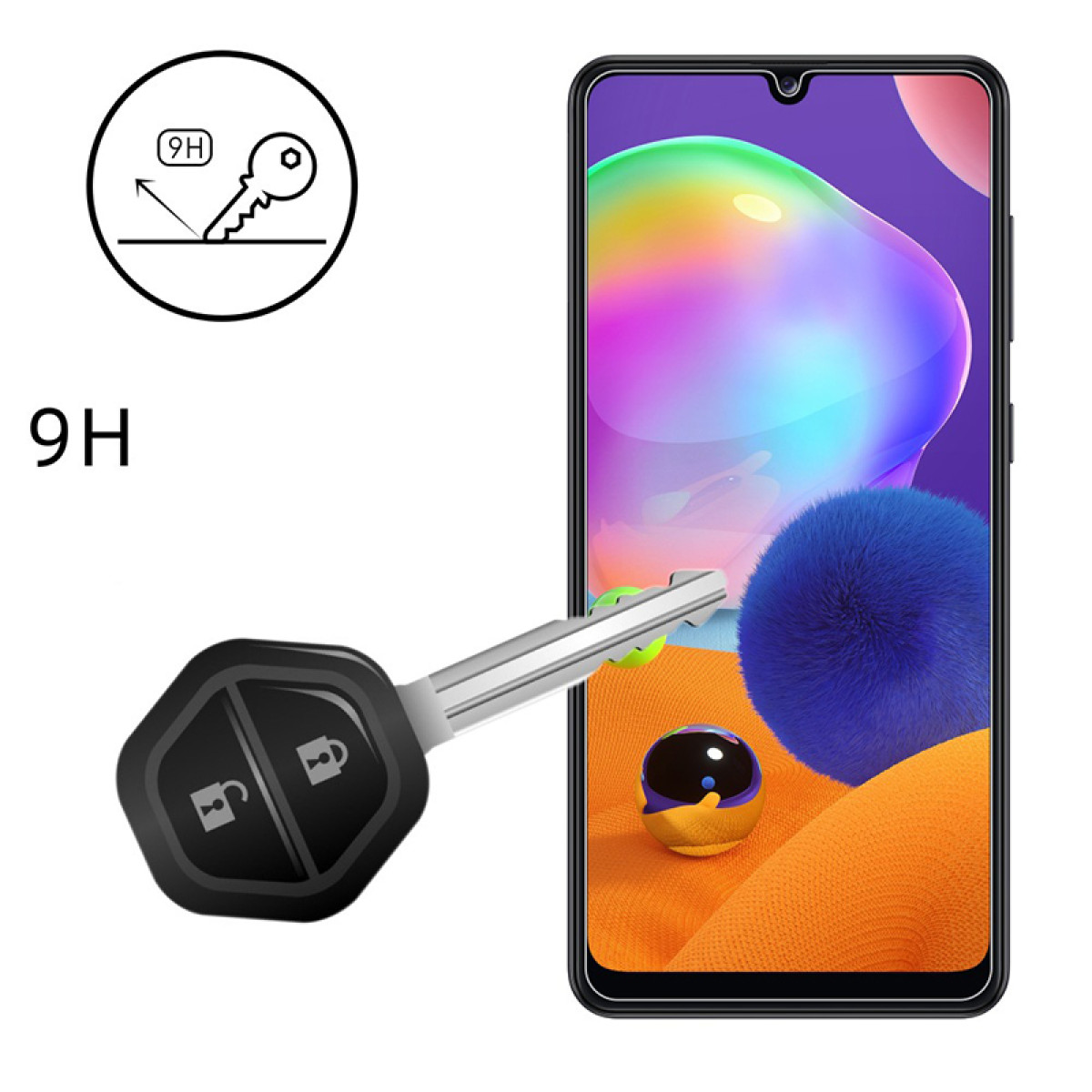 Una chiave per auto graffia lo schermo di uno smartphone con simbolo di durezza 9H.