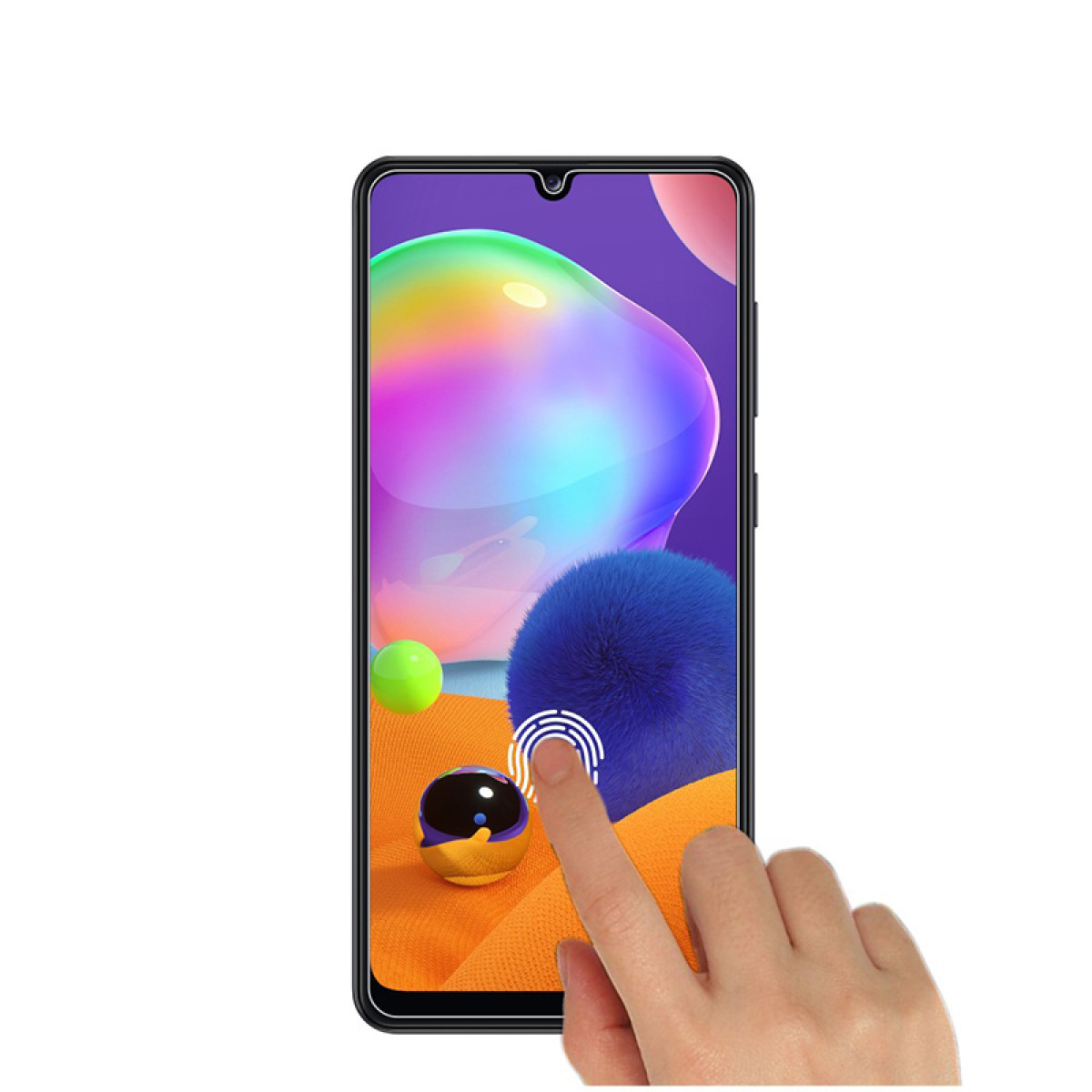 Un dito tocca lo schermo di uno smartphone con grafica colorata sullo sfondo.