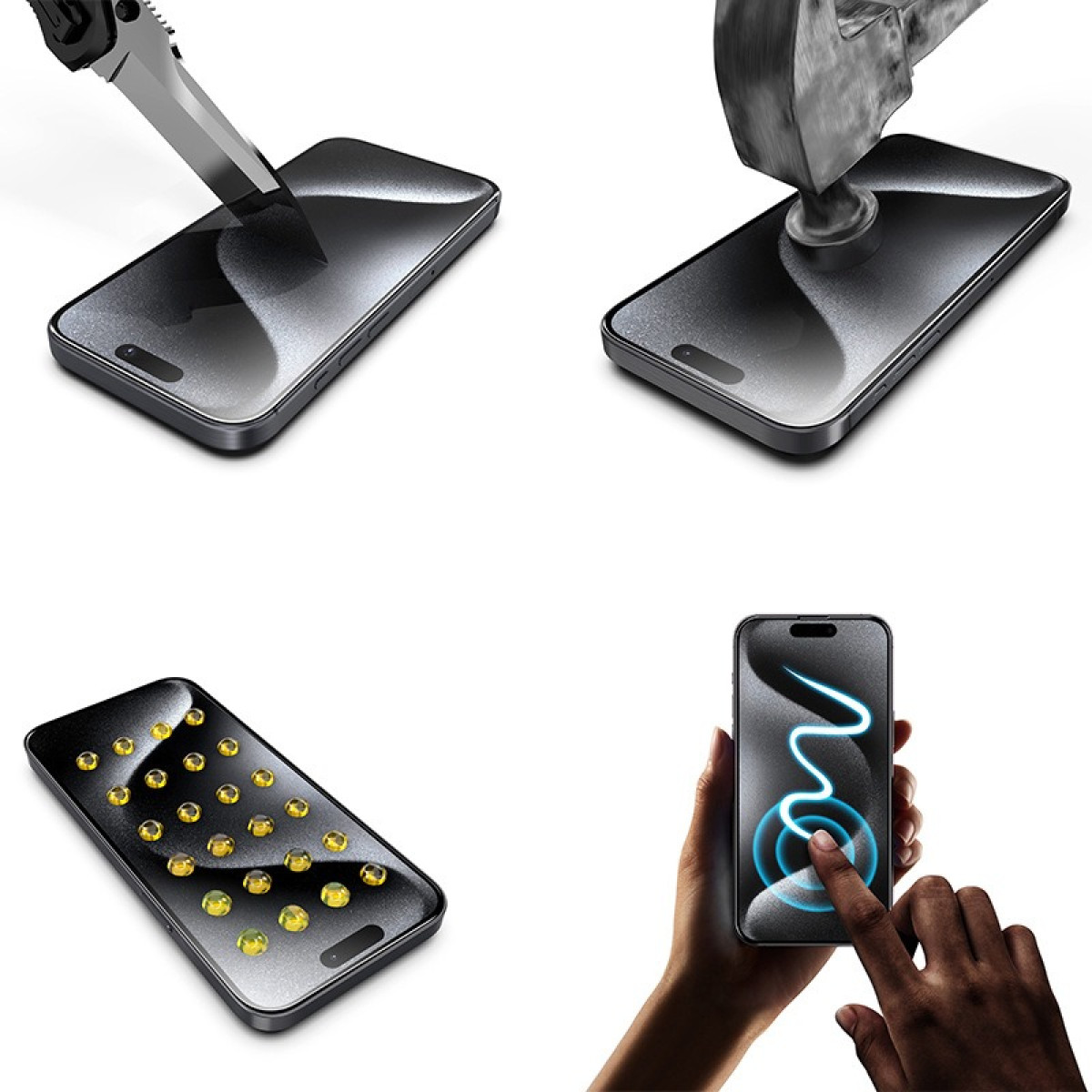Quattro immagini mostrano uno smartphone in prova: graffio di coltello, impatto martello, gocce d'acqua, interazione touch.