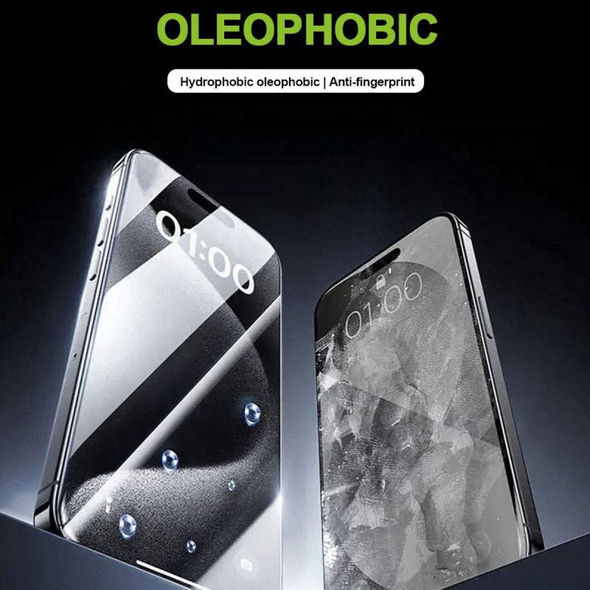 Due smartphone affiancati su sfondo scuro, uno con goccioline d'acqua, l'altro con macchie. Testo: OLEOPHOBIC.