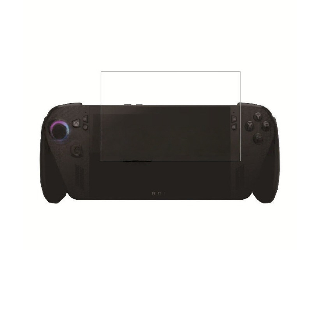 Dispositivo da gioco portatile nero con pellicola protettiva.