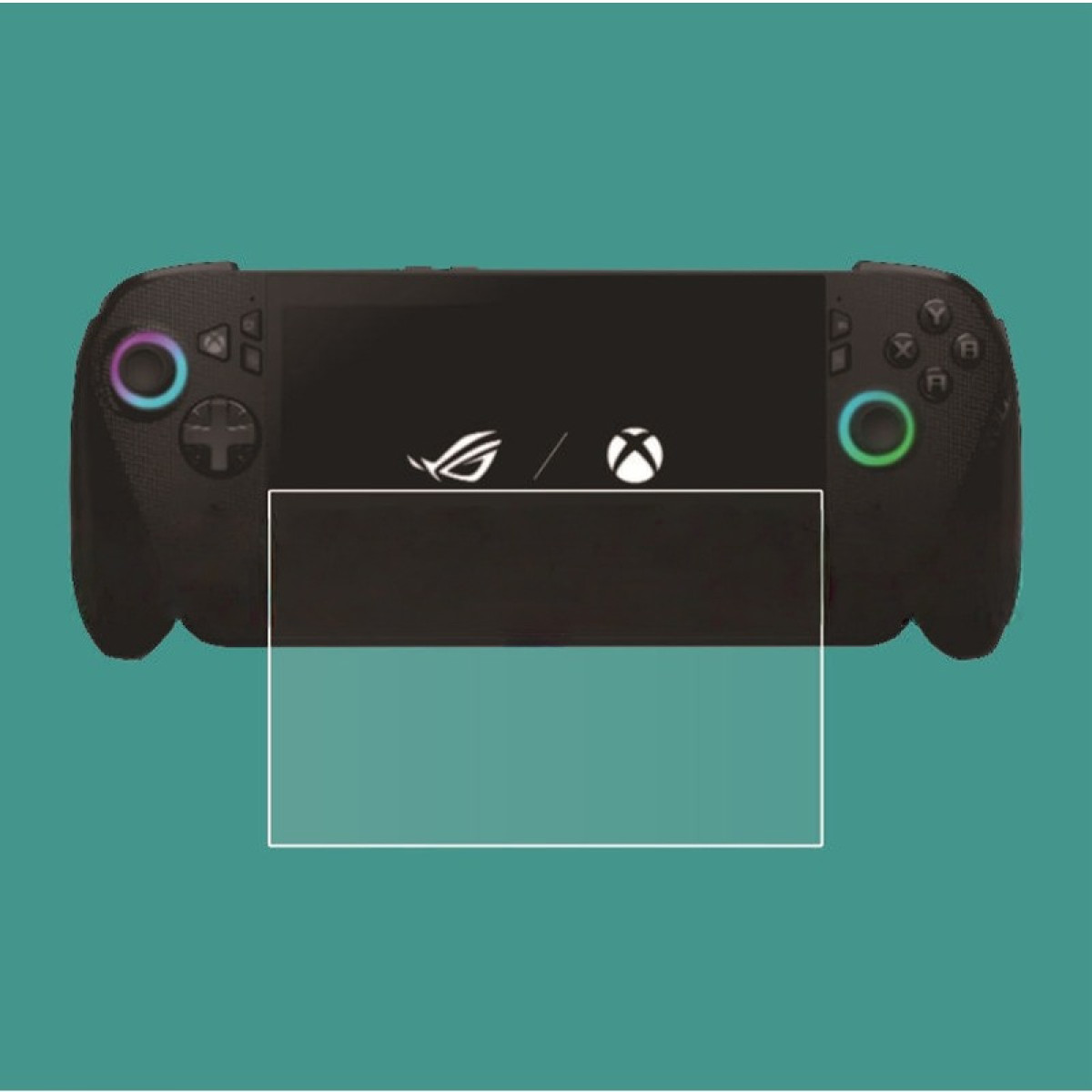 Un dispositivo da gioco portatile nero con accenti RGB e logo Xbox sullo schermo.