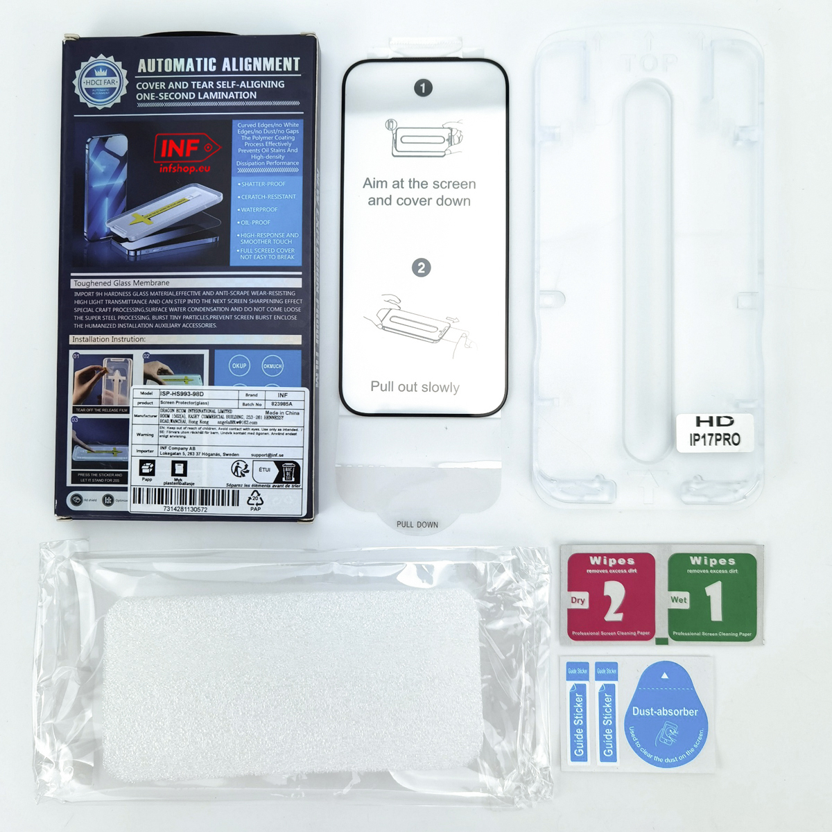 L'immagine mostra un kit di protezione per schermo per smartphone con istruzioni.