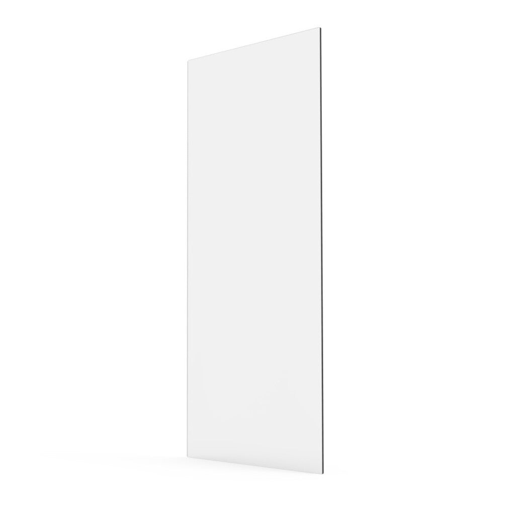 Un cartello espositivo bianco, rettangolare e semplice è in piedi su sfondo bianco.