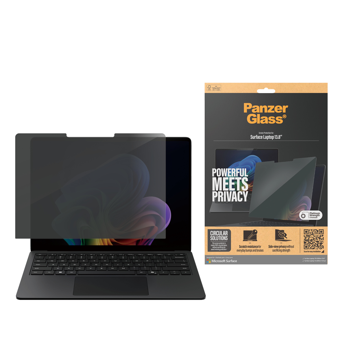 Un laptop con protezione schermo privacy e la sua confezione.