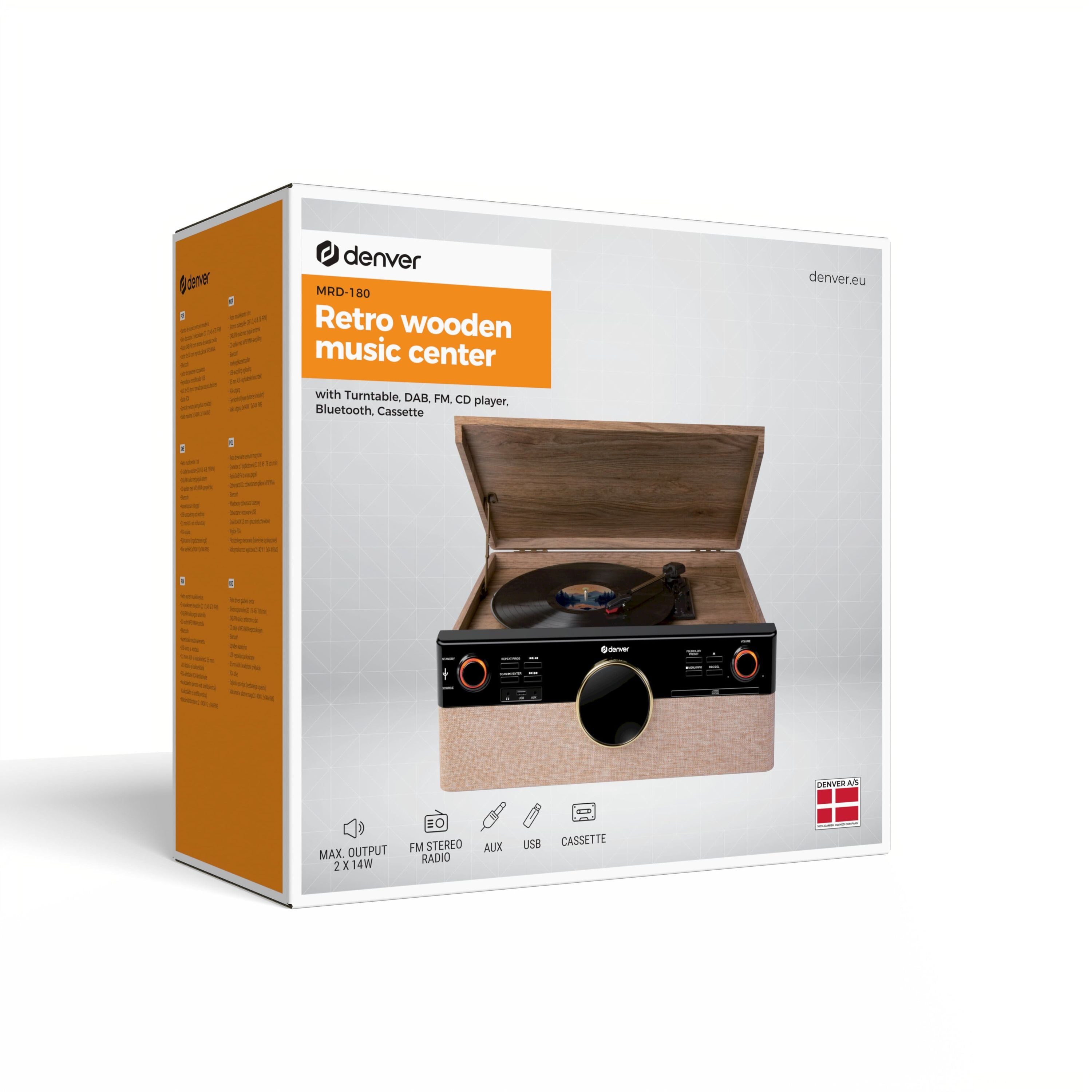 Retro wooden music center with turntable, DAB, FM, CD, Bluetooth, cassette.