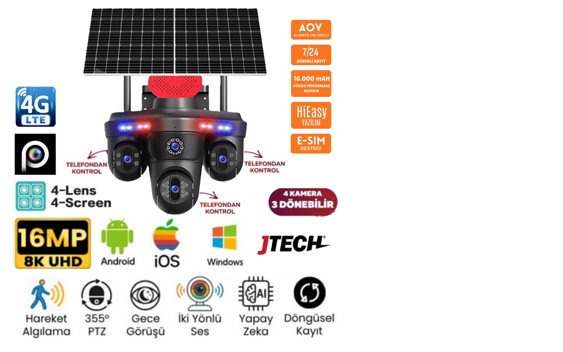 Güneş enerjili güvenlik kamerası, 4 lensli, 16MP, 8K UHD, 4G LTE, gece görüşü, YZ.