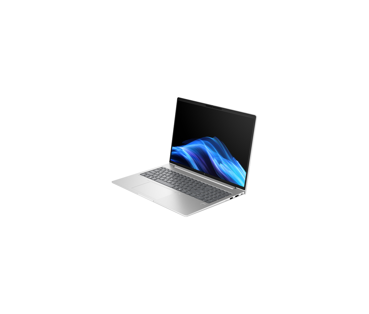 Een zilveren laptop met een blauw golvend patroon op het scherm.