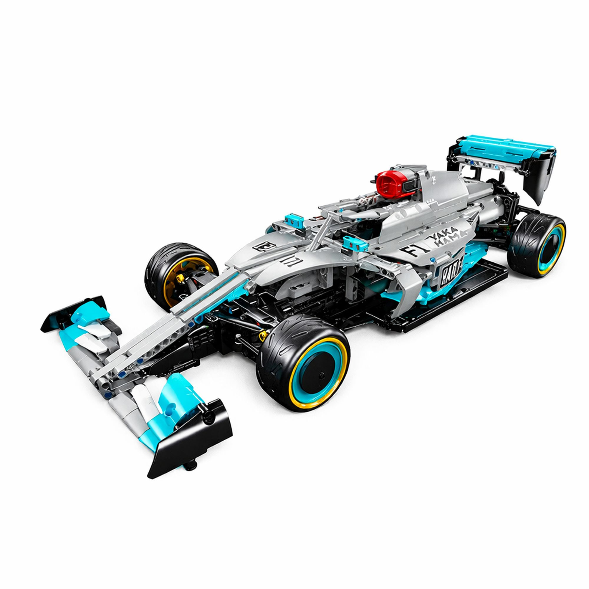 Un coche de juguete F1 gris con detalles azules y tomas de aire rojas.
