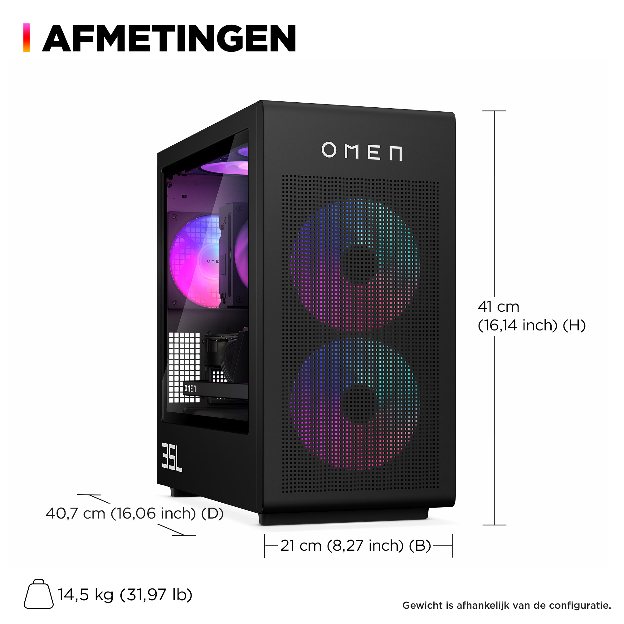 Zwarte OMEN PC met RGB-ventilatoren, afmetingen 41x21x40,7cm, gewicht 14,5kg.