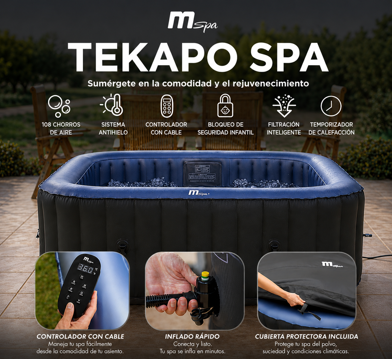 Un spa inflable con control remoto, chorros de aire, sistema de calefacción y cubierta.