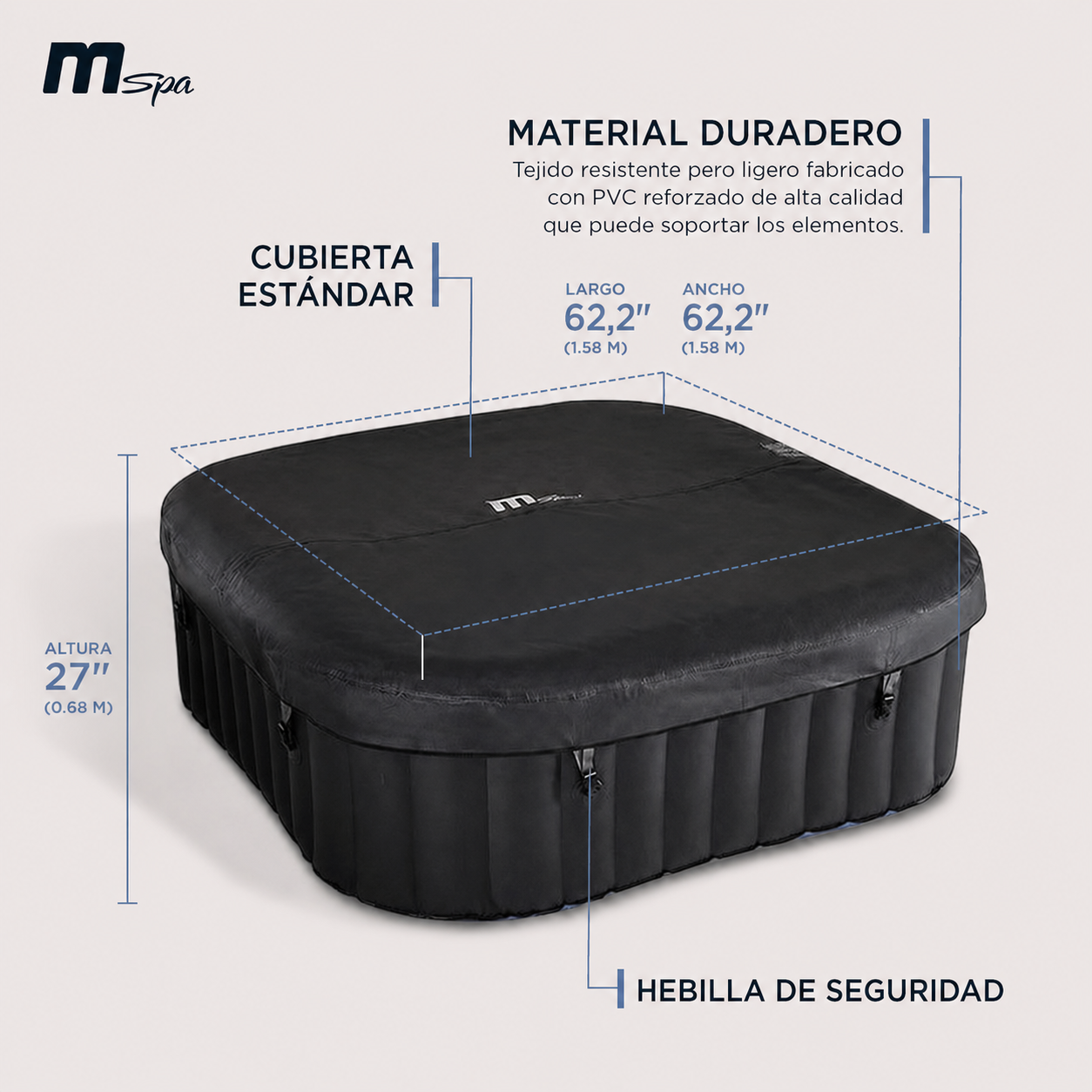 Cubierta negra para jacuzzi con dimensiones: 62,2" ancho, 62,2" largo, 27" alto.