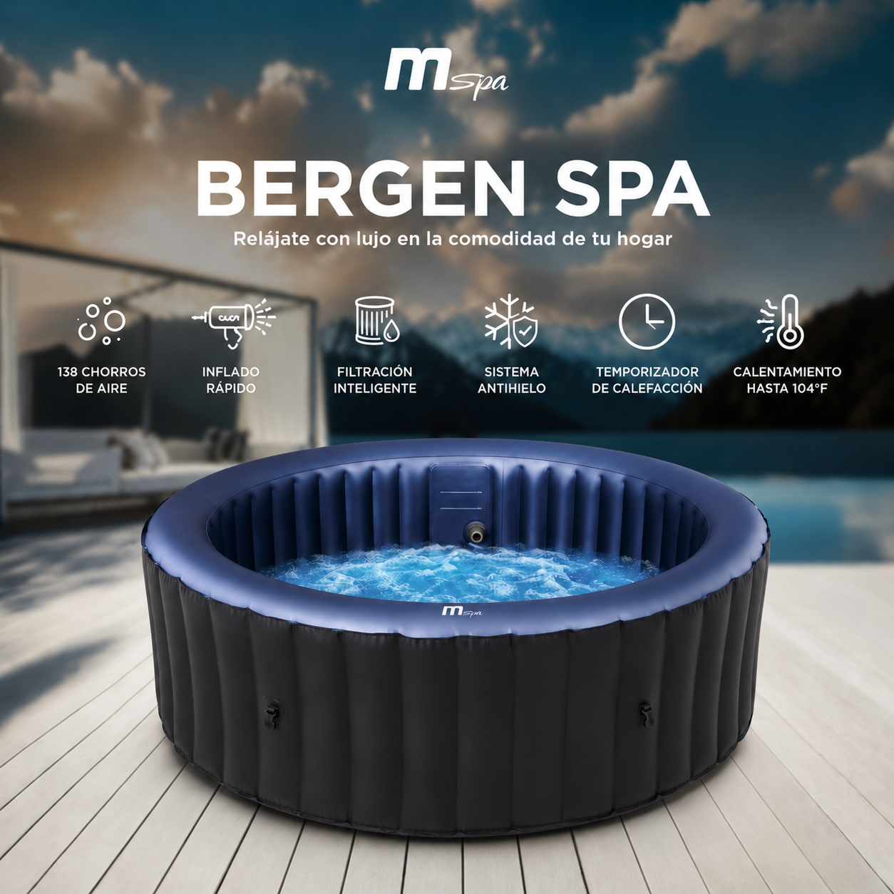 Jacuzzi inflable con 138 chorros de aire y función de calefacción en terraza.