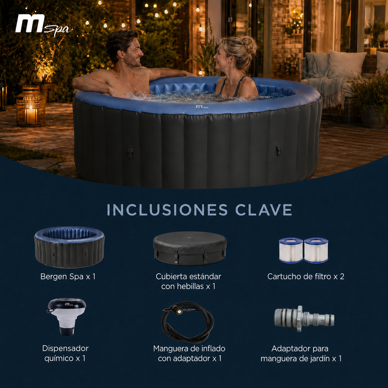 Una pareja relajándose en un jacuzzi inflable exterior por la noche, con varios accesorios.