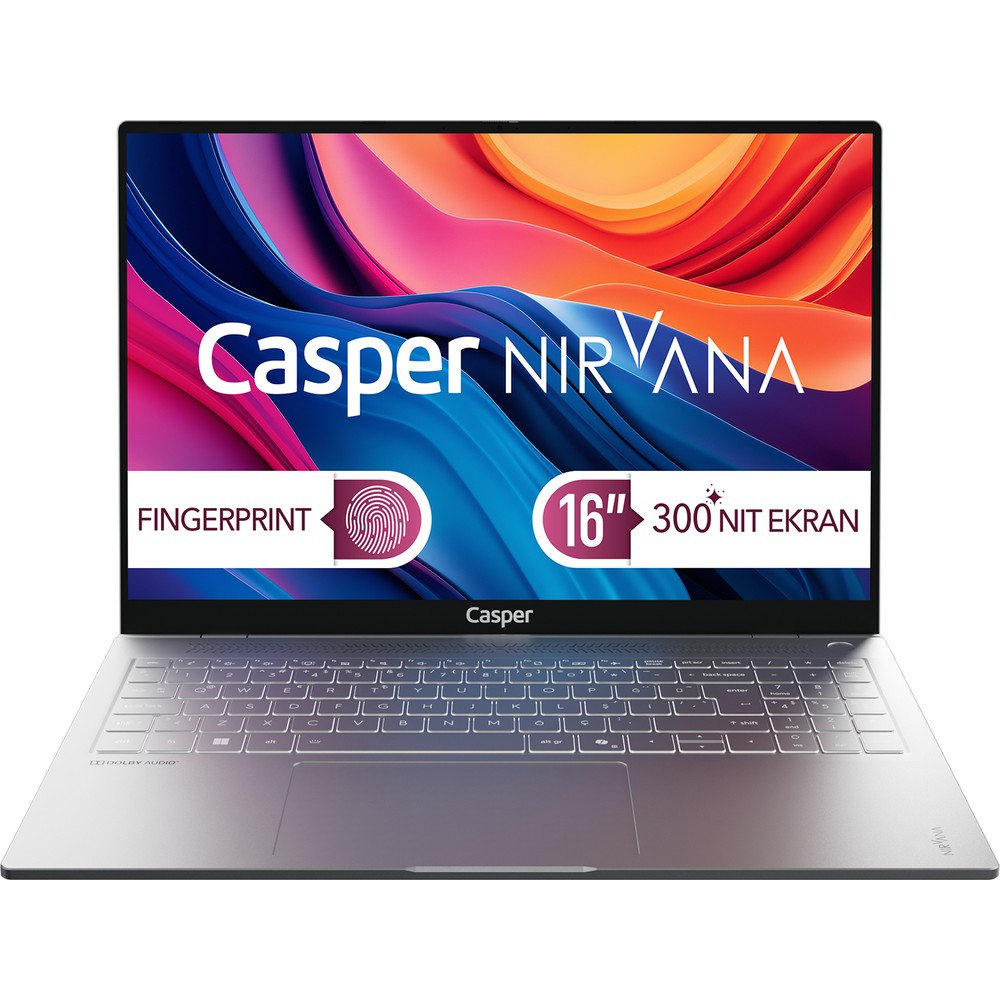 Renkli arka plana sahip gümüş laptop. "Casper NIRVANA" yazar.