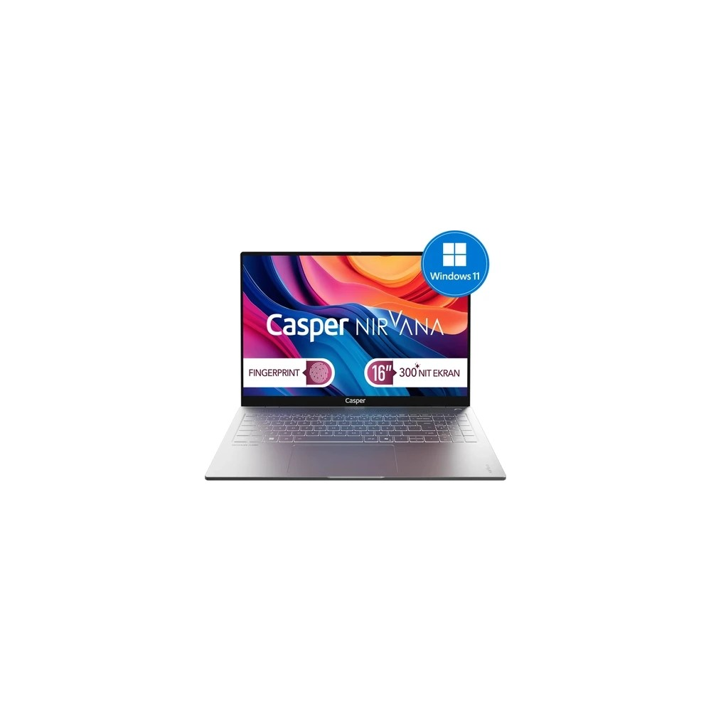 Gümüş renkli dizüstü bilgisayar, Windows 11 logolu ve ekranında "Casper NIRVANA" yazısı.