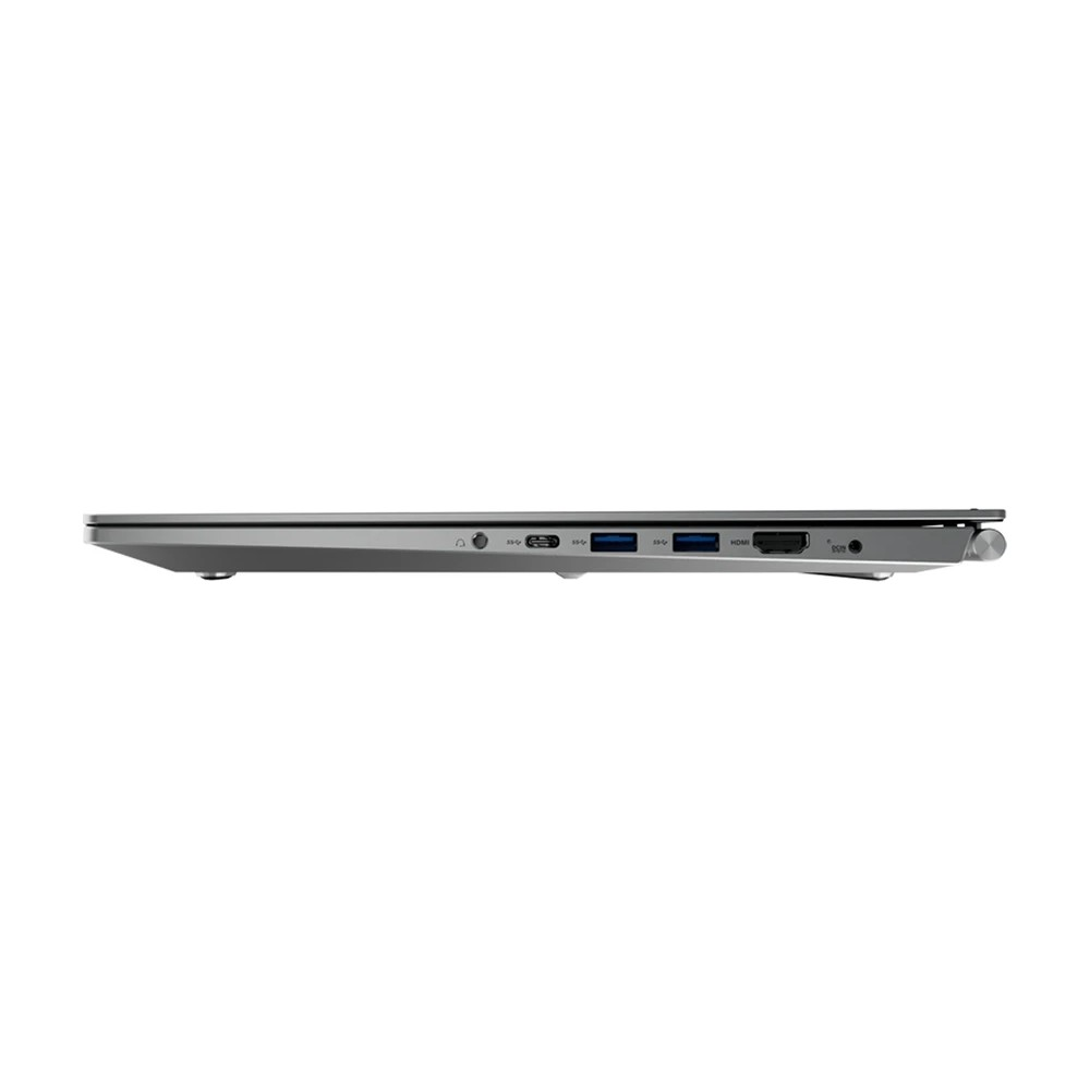 Gümüş laptop yan görünüm bağlantı noktaları: USB-C, HDMI, USB-A.