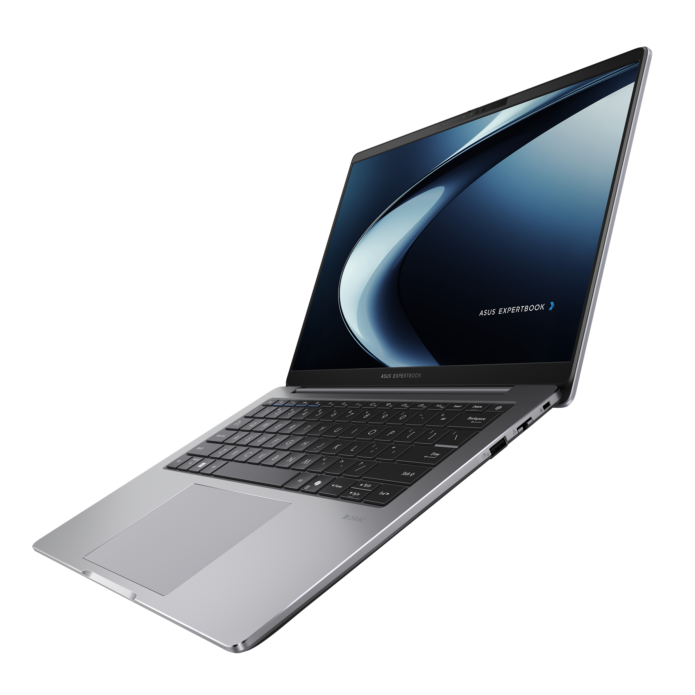 Un laptop Asus ExpertBook argentato con tastiera nera e sfondo blu dello schermo.