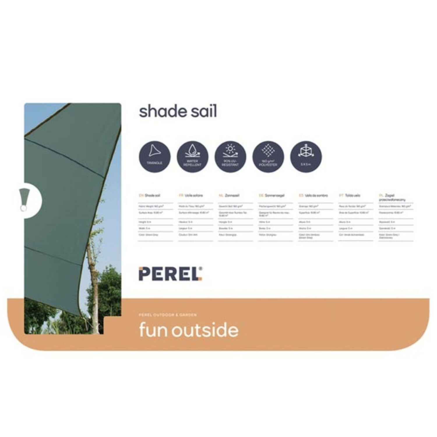 Ein dunkelgrünes Sonnensegel wird im Freien gezeigt, mit Produktdetails und Logo.