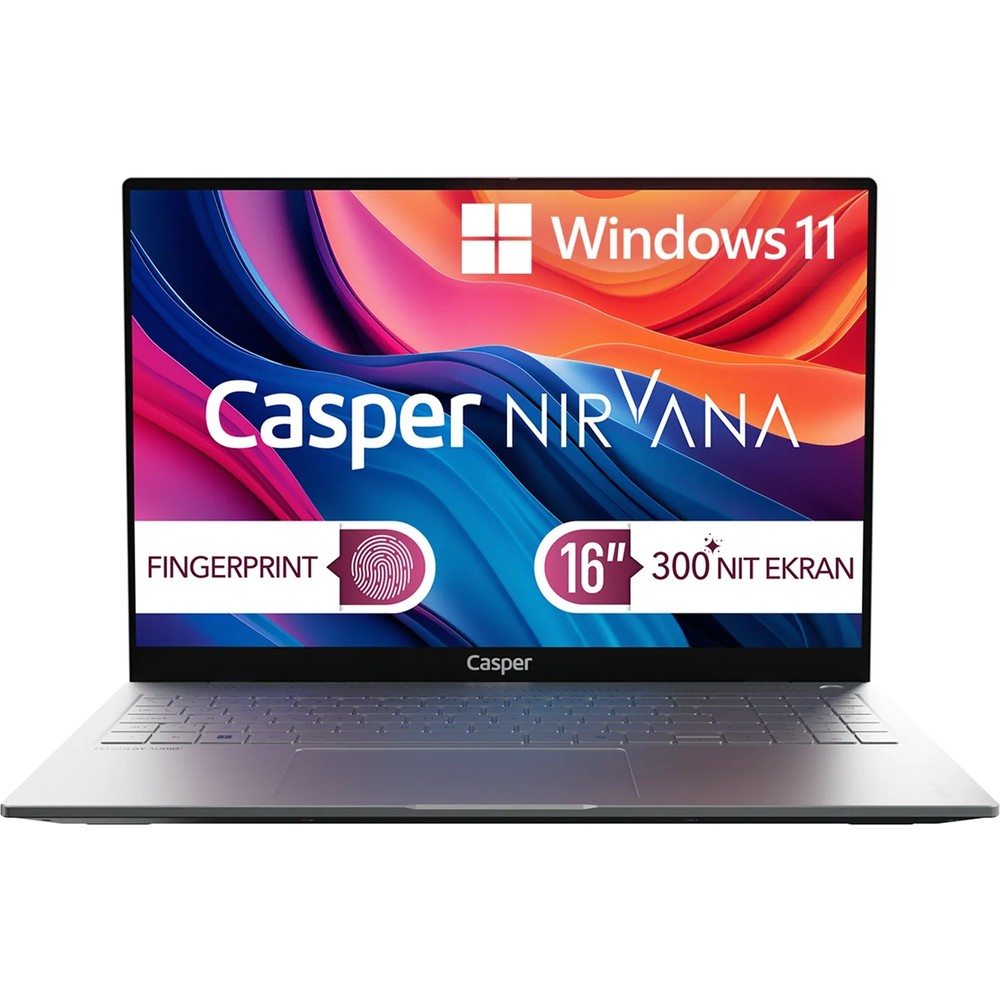 Renkli duvar kağıtlı gümüş laptop Windows 11. Parmak izi sensörü bulunur.