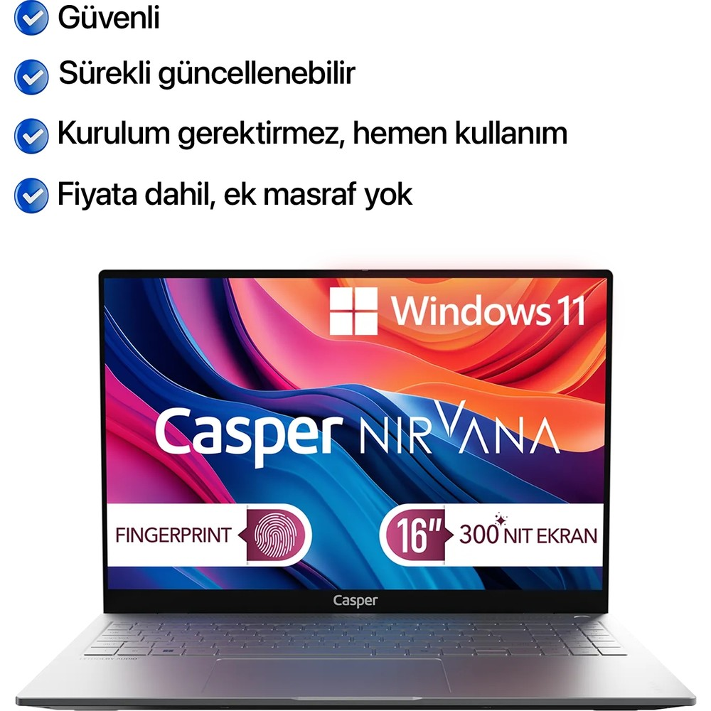 Windows 11'li gümüş Casper NIRVANA laptop, parmak izi okuyucu, 16" ekran.