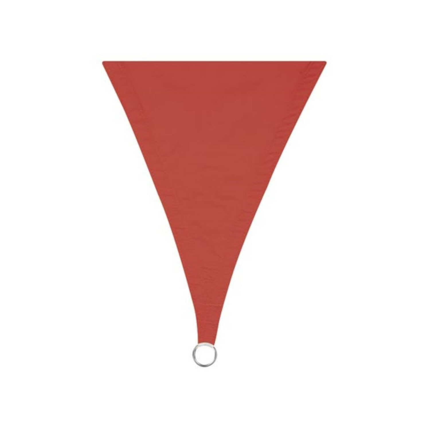 Ein rotes Sonnensegel in Dreiecksform mit einem Metallring an der Spitze.