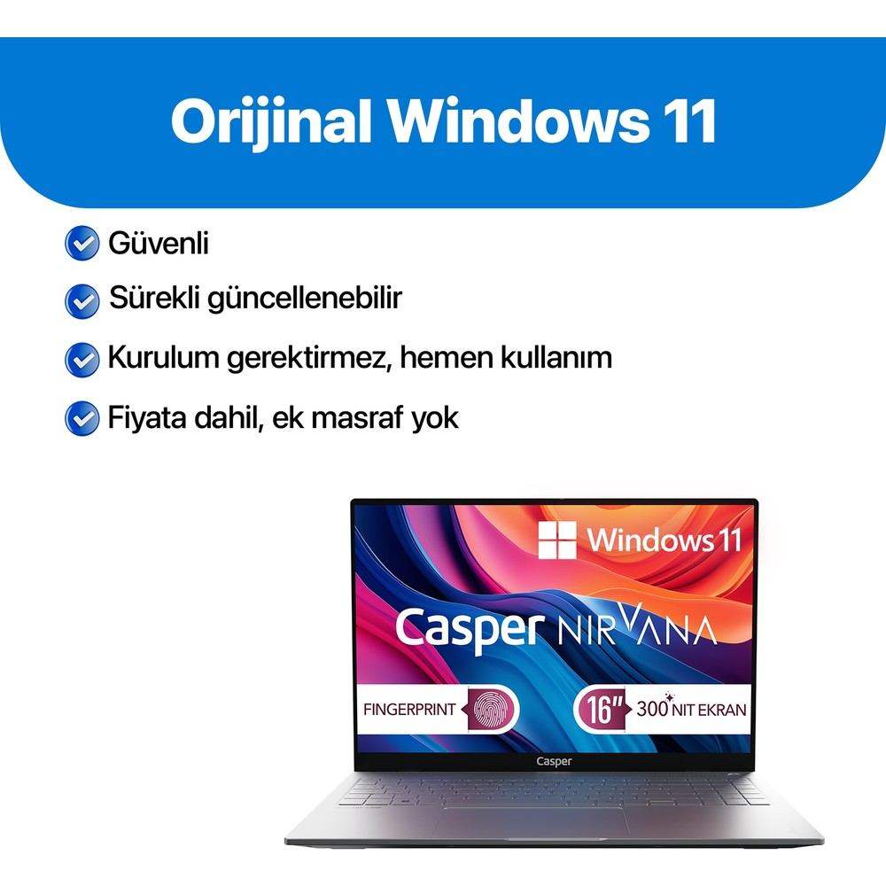 Windows 11'li Casper NIRVANA laptop, 16 inç ekranlı.