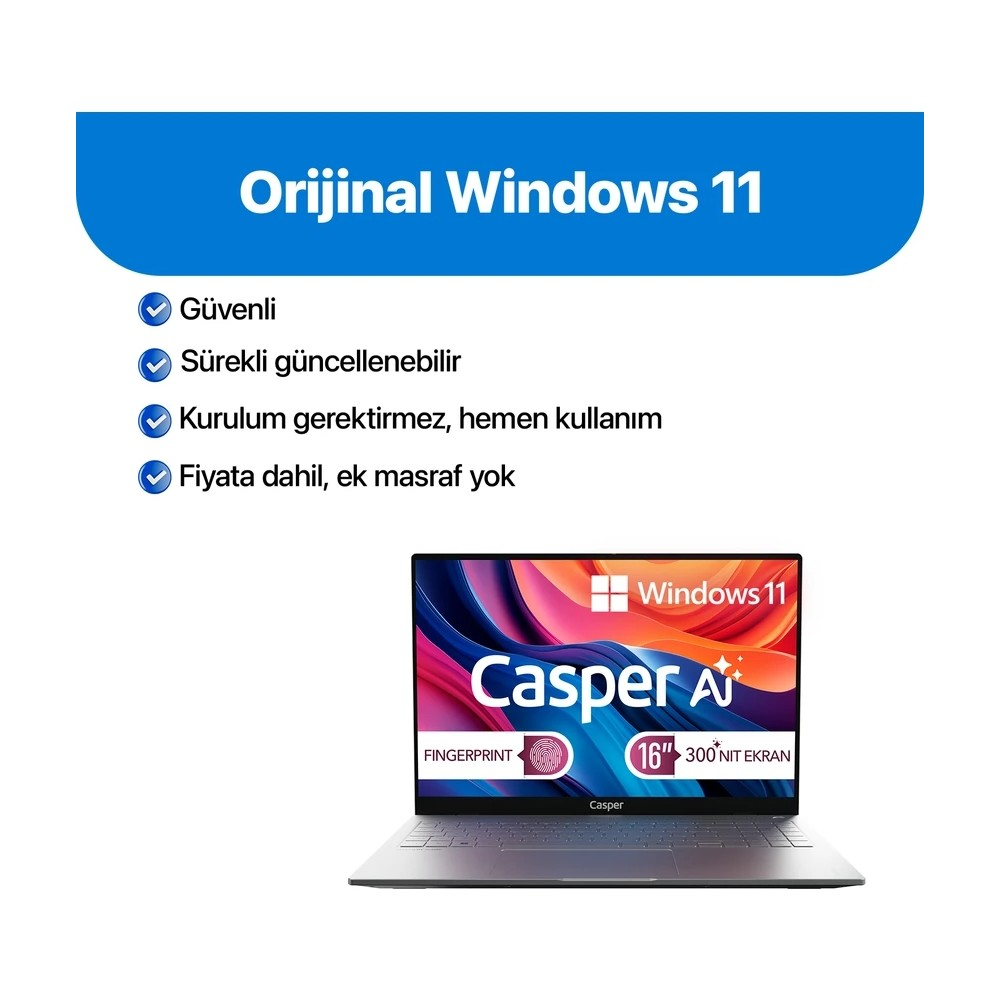 Parmak izi okuyuculu ve 16 inç ekranlı Windows 11 dizüstü bilgisayar.
