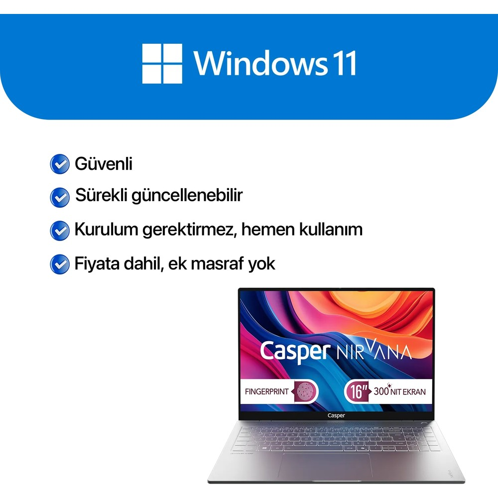 Windows 11 yazılı gümüş rengi laptop, parmak izi okuyuculu.
