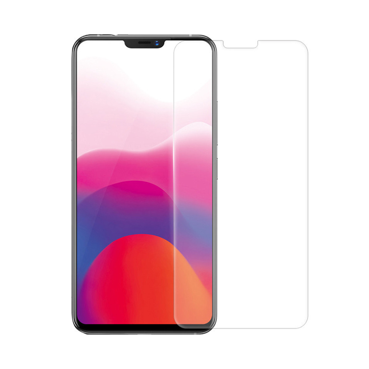 Uno smartphone nero con uno sfondo astratto colorato sullo schermo, accanto a una pellicola protettiva trasparente.